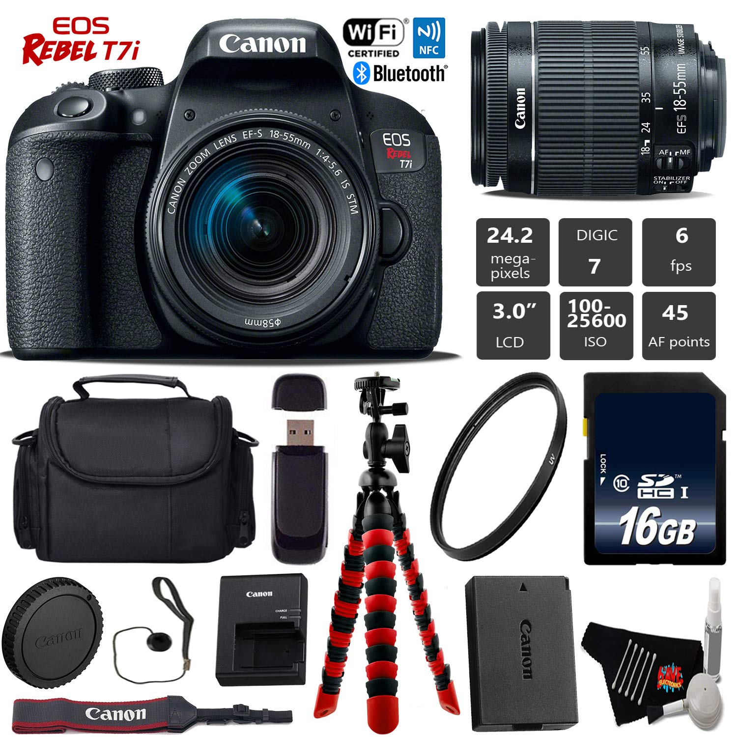 Canon EOS Rebel T7i DSLR Camera 18-55mm is STM Lens + Flexible Tripod Bundle