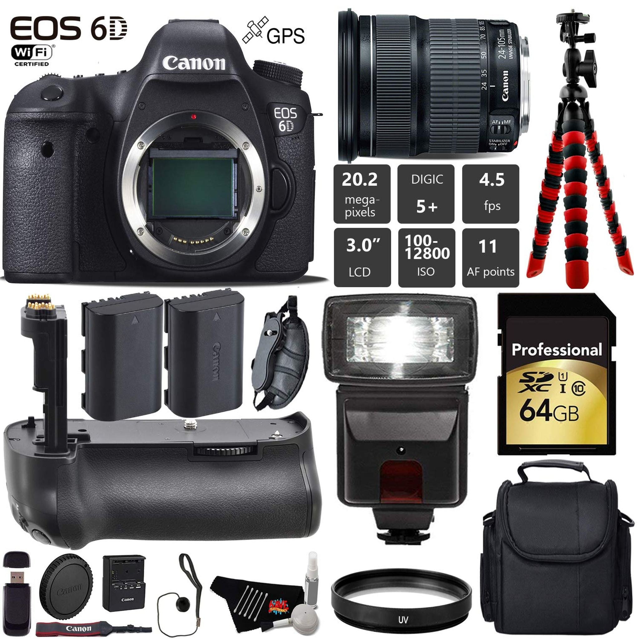 Canon EOS 6D DSLR Camera with 24-105mm is STM Lens + Professional Battery Grip + UV Protection Filter + Flash + Extra Ba Canon