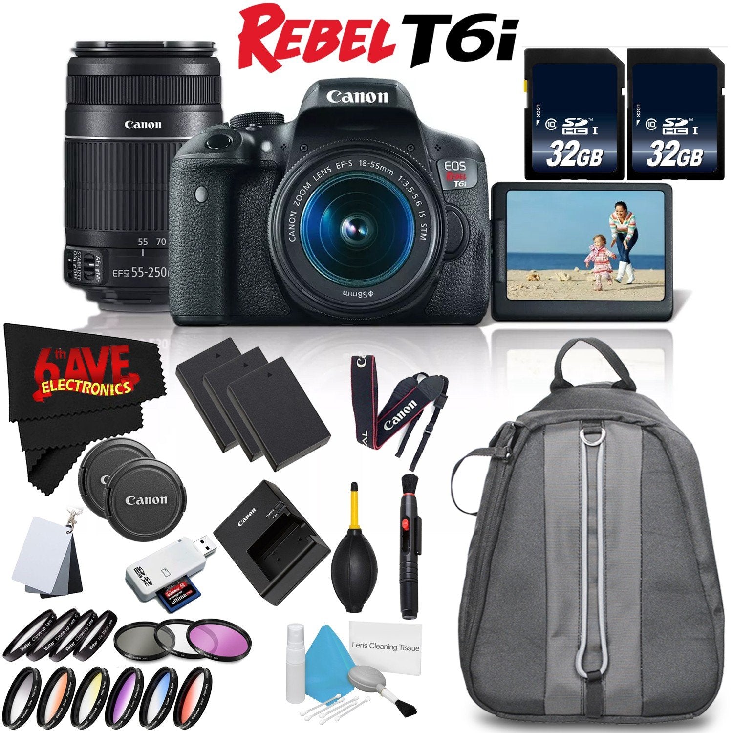 6Ave Canon EOS Rebel T6i DSLR Camera with 18-55mm Lens, 55-250mm - 2 Lens Combo