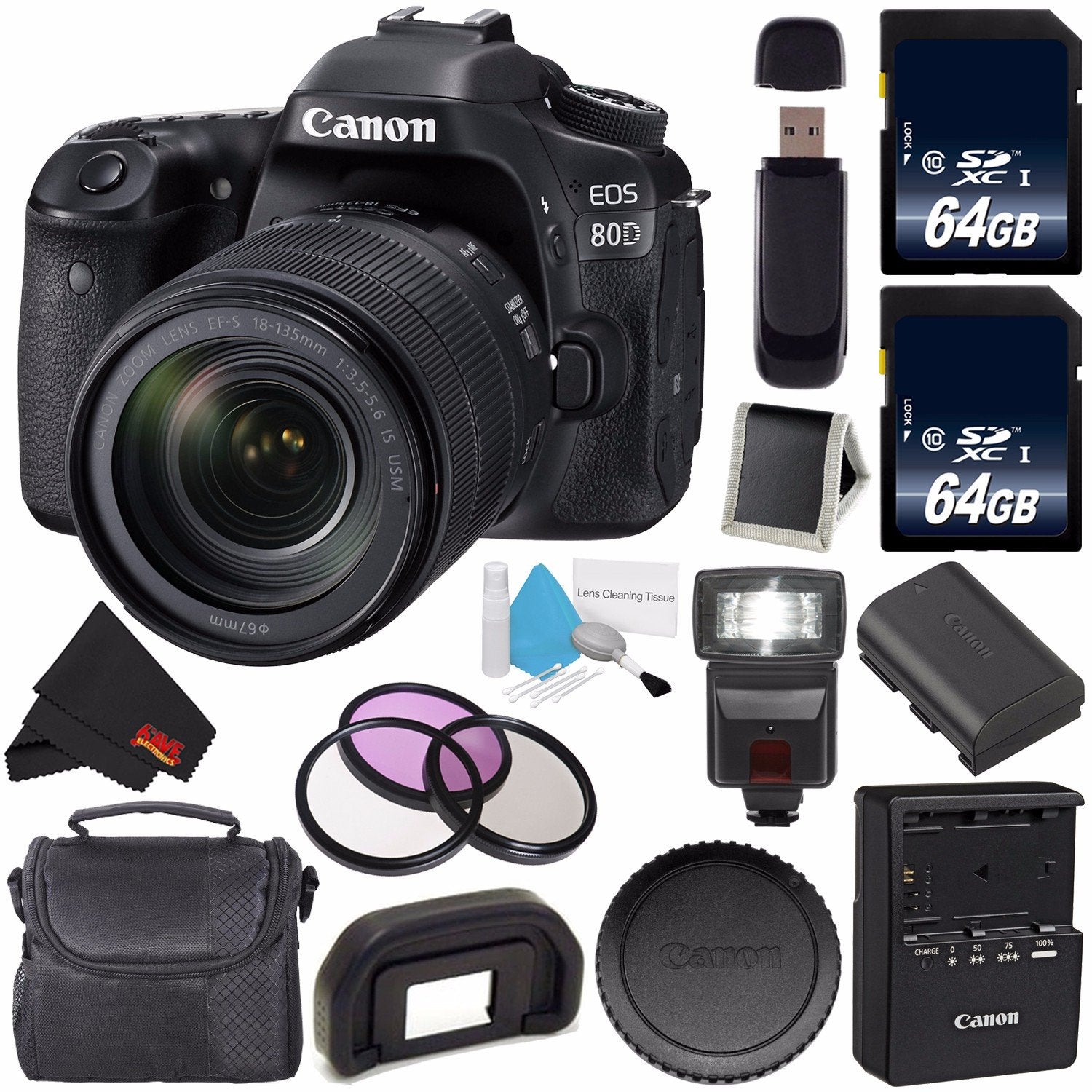 Canon EOS 80D DSLR Camera with 18-135mm Lens 1263C006 (International Version) + 64GB Memory Card + Carrying Case Bundle