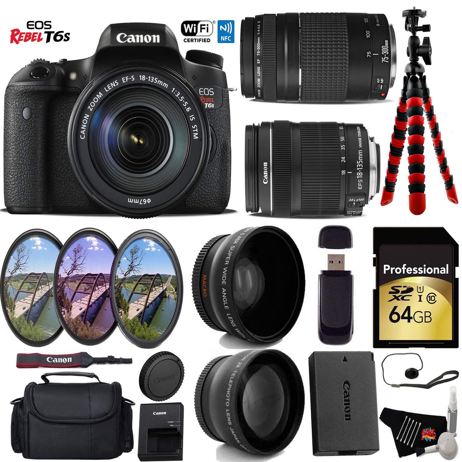 Canon EOS Rebel T6S DSLR Camera with 18-135mm is STM Lens & 75-300mm III Lens + UV FLD CPL Filter Kit Supreme Bundle