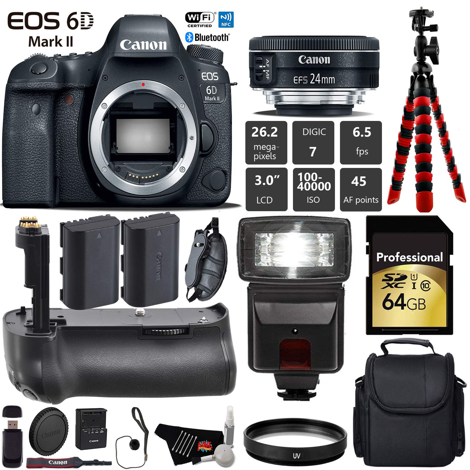 Canon EOS 6D Mark II DSLR Camera With 24mm f/2.8 STM Lens + Professional Battery Grip + UV Protection Filter + Flash Pro Bundle