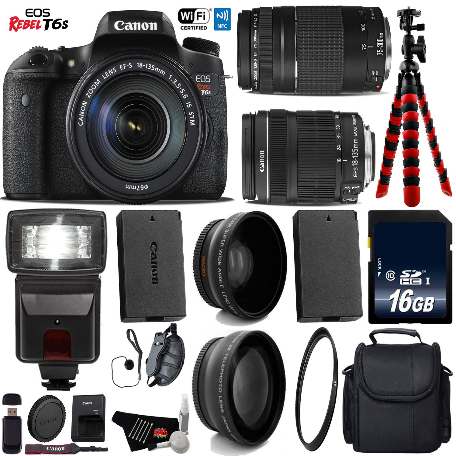 Canon EOS Rebel T6S DSLR Camera with 18-135mm IS STM Lens & 75-300mm III Lens + Flash + UV FLD CPL Filter Bundle