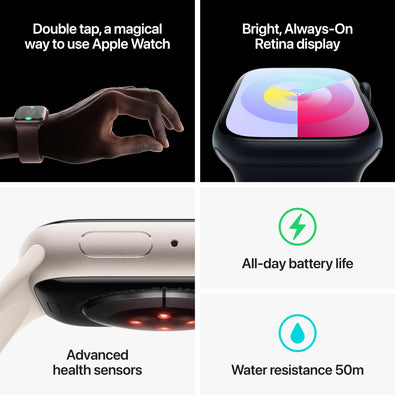 Apple Watch Series 9 GPS + Cellular 45mm Smartwatch with Silver Stainless Steel Case with Storm Blue Sport Band M/L.