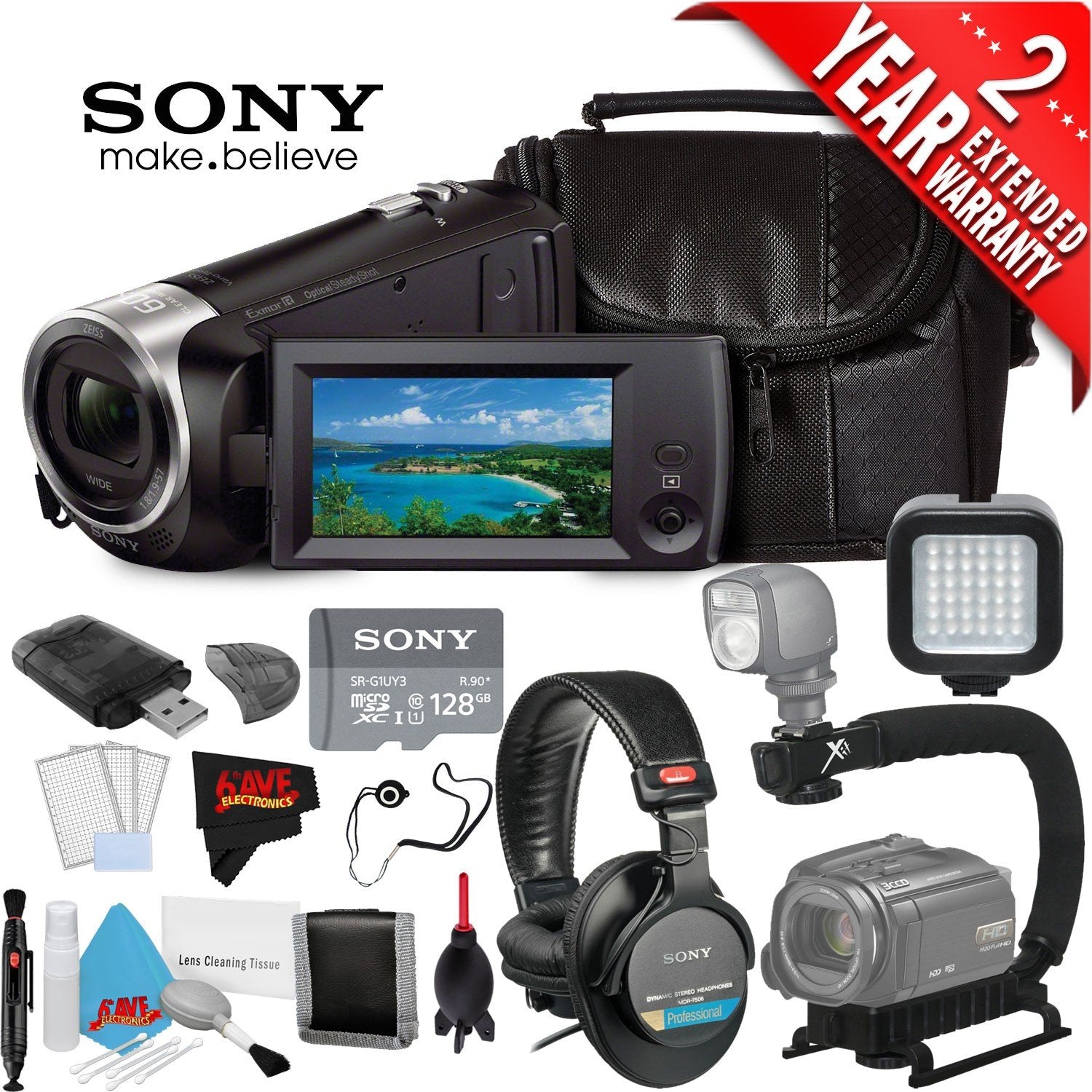 Sony HDR-CX405 Hd Camcorder Black + Sony 128Gb Uhs-I Microsdxc Memory Card () + Sony Mdr-7506 Headphone Year Warranty