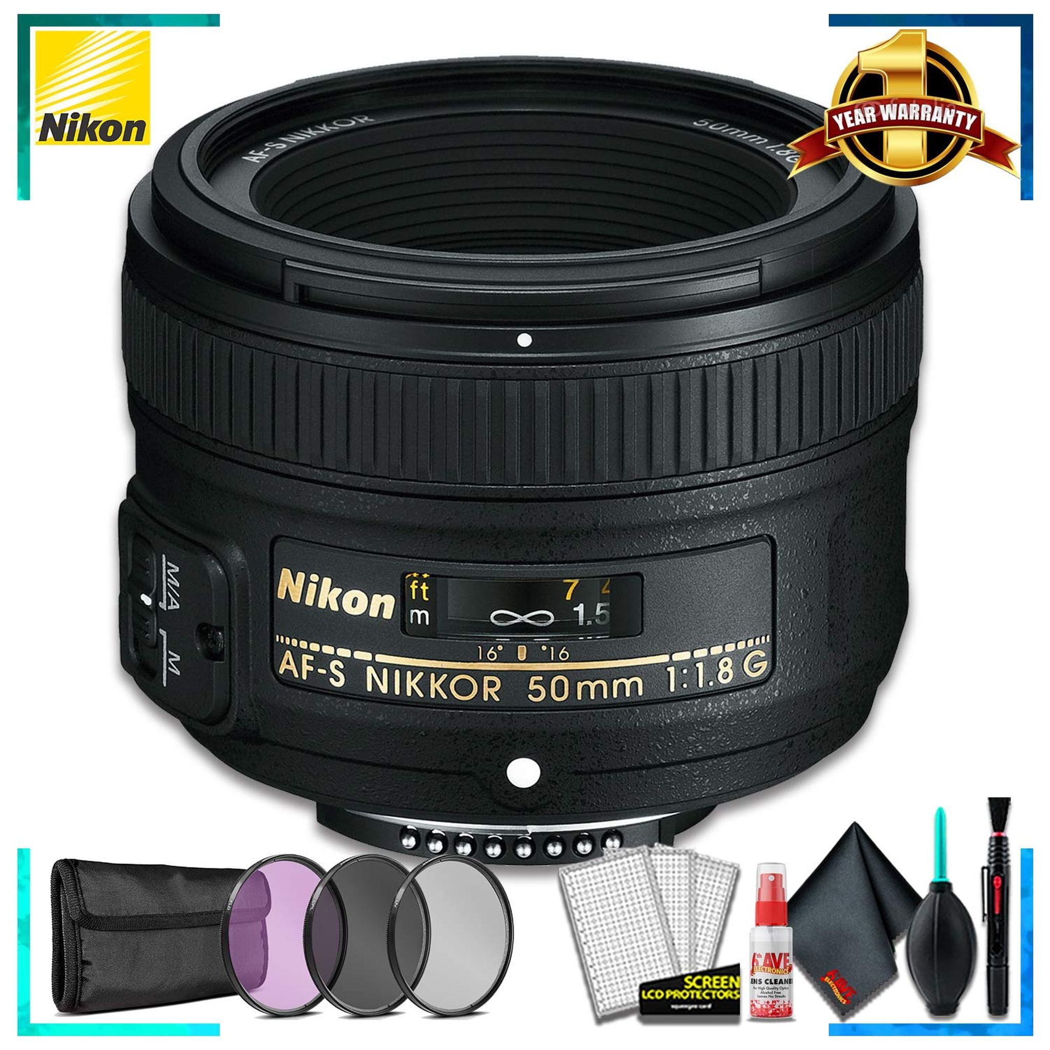 Nikon AF-S NIKKOR 50mm f/1.8G Camera Lens International Model + 3 Pcs Filter Kit + Cleaning Kit