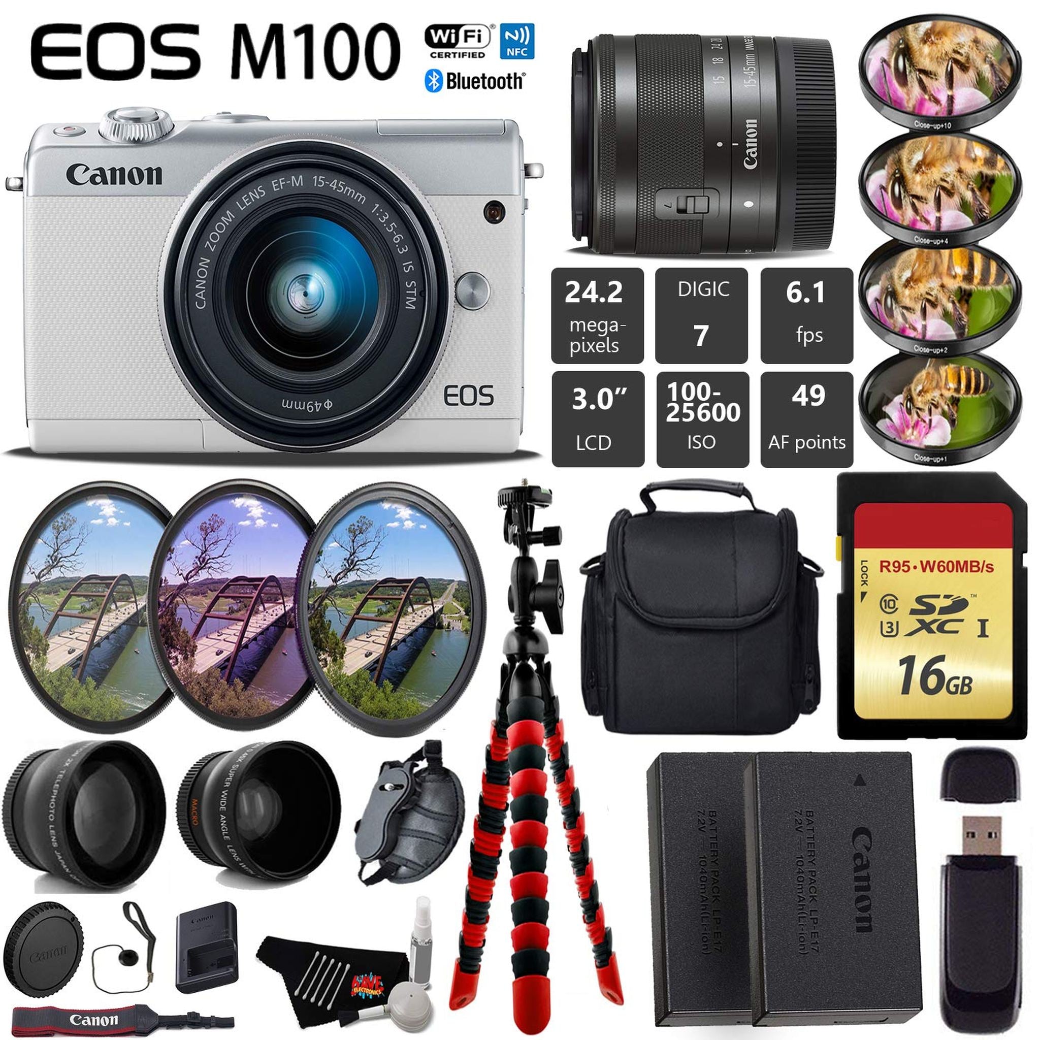 Canon EOS M100 Mirrorless Digital Camera White with 15-45mm Lens All in One Bundle