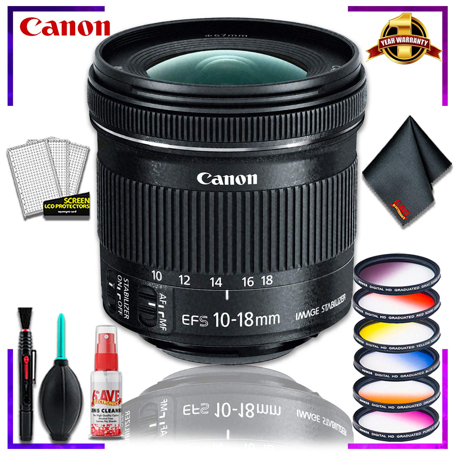 Canon EF-S 10-18mm f.4.5-5.6 is STM Lens (International Model) + Vivitar Graduated Color Filter Kit + Cleaning Kit