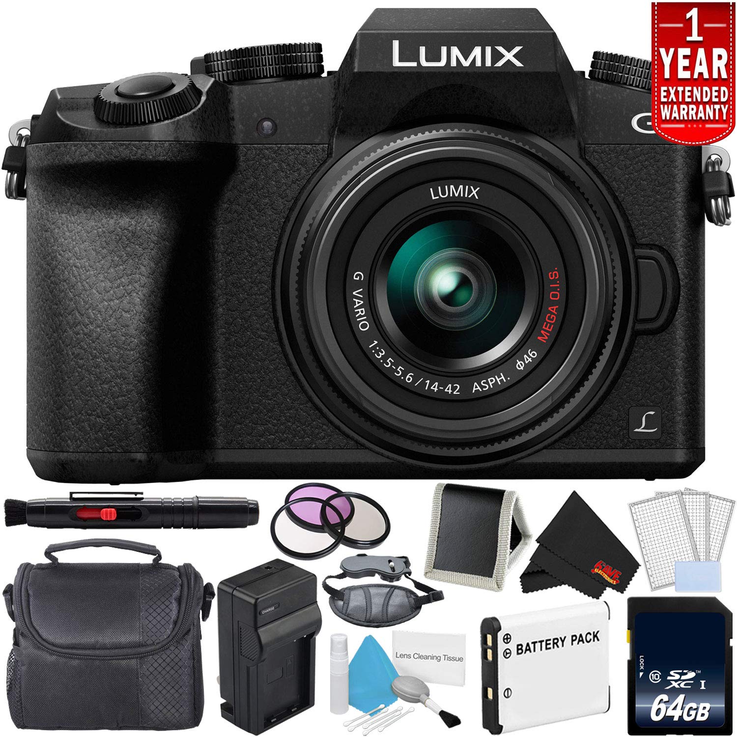 Panasonic Lumix DMC-G7 Mirrorless Digital Camera with 14-42mm Lens - Bundle with 1 Year Extended Warranty, 64GB Memory C