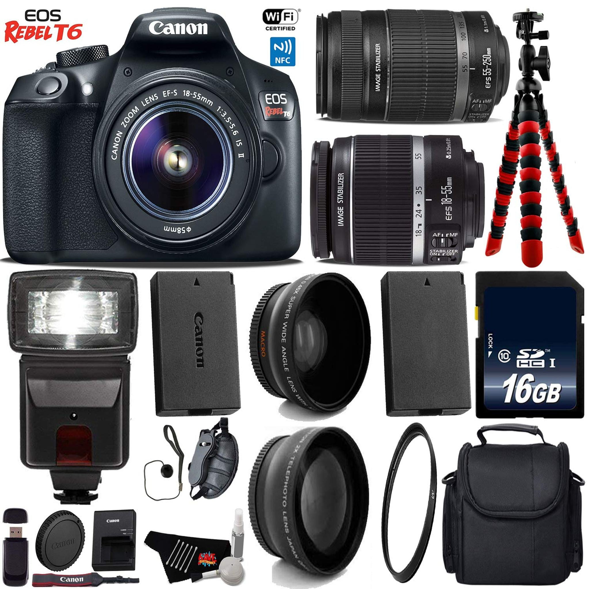 Canon EOS Rebel T6 DSLR Camera with 18-55mm is Lens & 55-250mm is II Lens + Flash + UV FLD CPL Filter Kit + Wide Angle & Canon