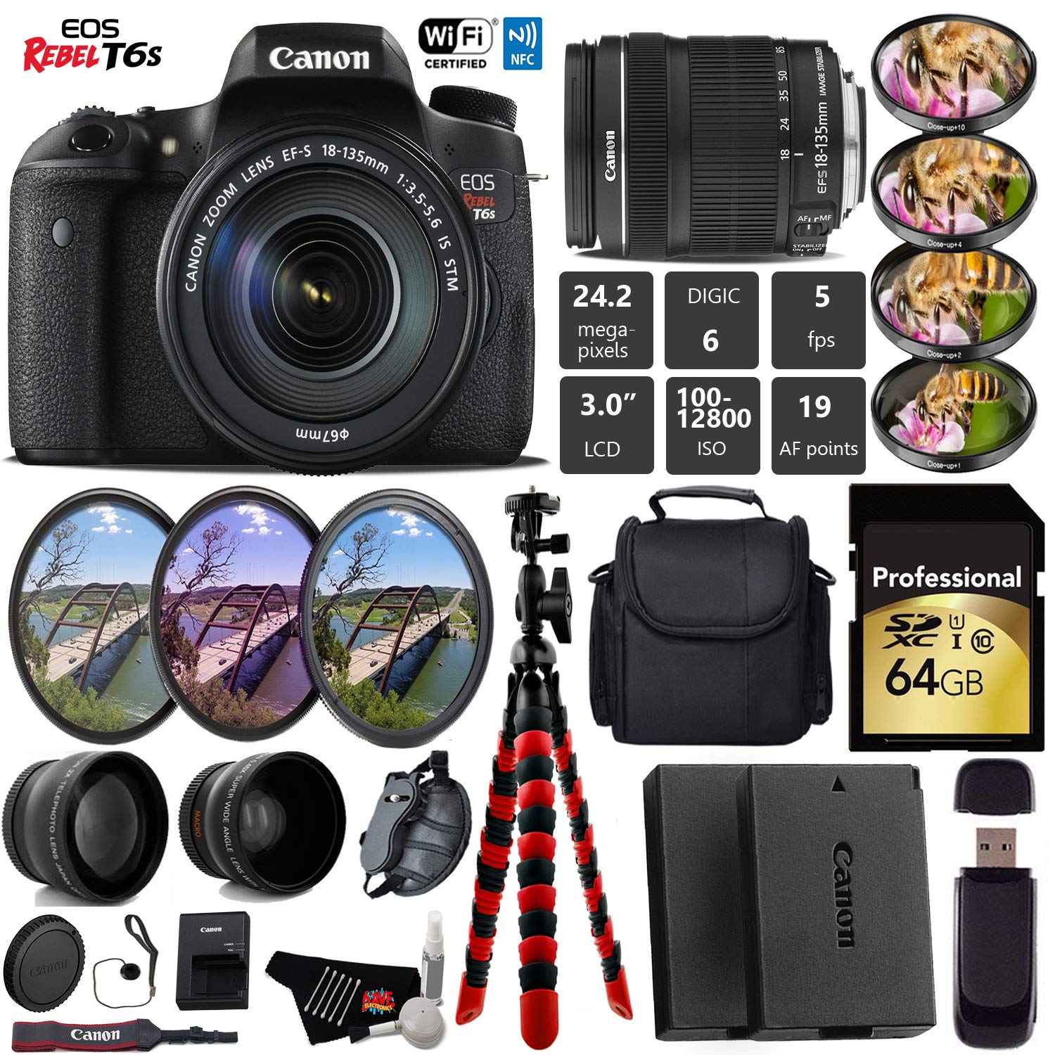 Canon EOS Rebel T6S DSLR Camera 18-135mm is STM Lens + UV FLD CPL Filter Kit + 4 PC Macro Kit + Wide Angle & Telephoto Lens Pro Bundle