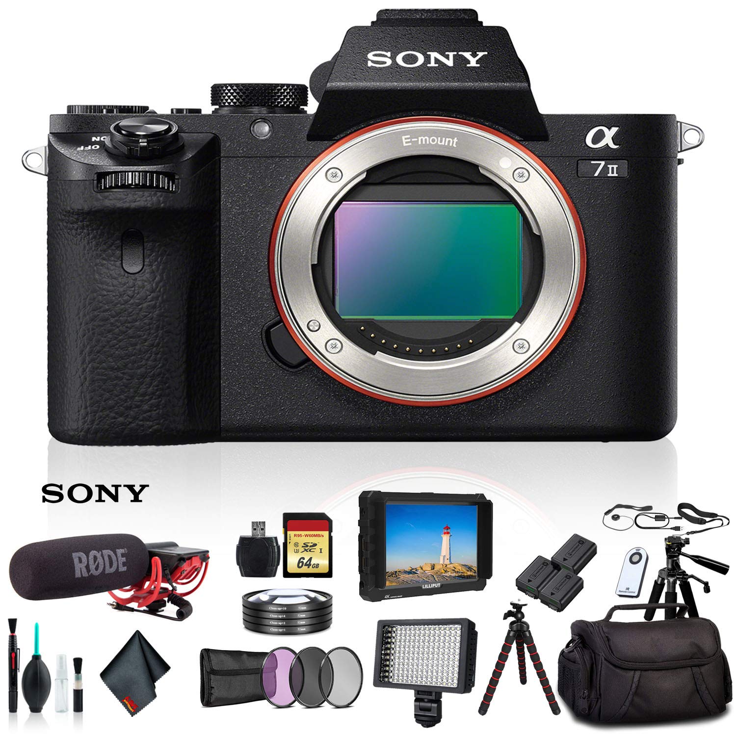 Sony Alpha a7 II Mirrorless Camera ILCE7M2/B With Soft Bag, 2x Extra Batteries, Rode Mic, LED Light, External HD Monitor, 2x 64GB Memory Card, Sling Bag, Card Reader , Plus Essential Accessories