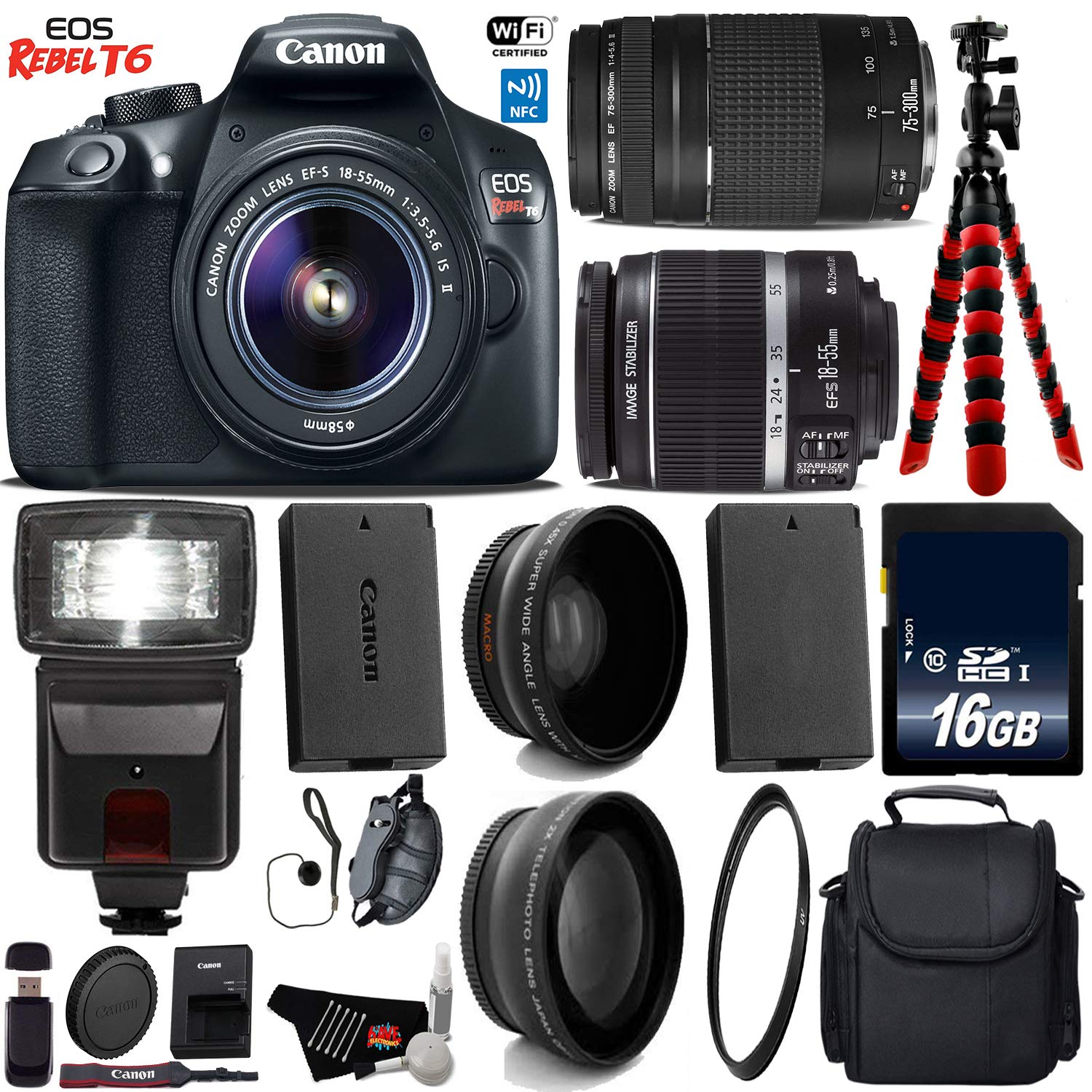 Canon EOS Rebel T6 DSLR Camera with 18-55mm is II Lens & 75-300mm III Lens + Flash + UV FLD CPL Filter Kit + Wide Angle