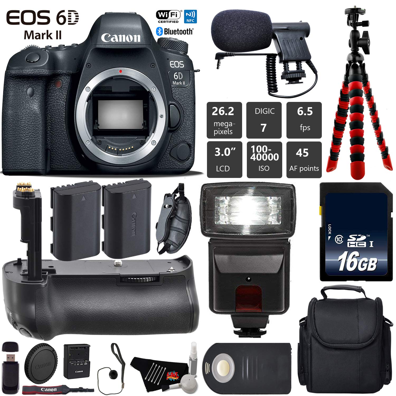 Canon EOS 6D Mark II DSLR Camera (Body Only) + Professional Battery Grip + Condenser Microphone + Flash + Extra Battery Base Bundle