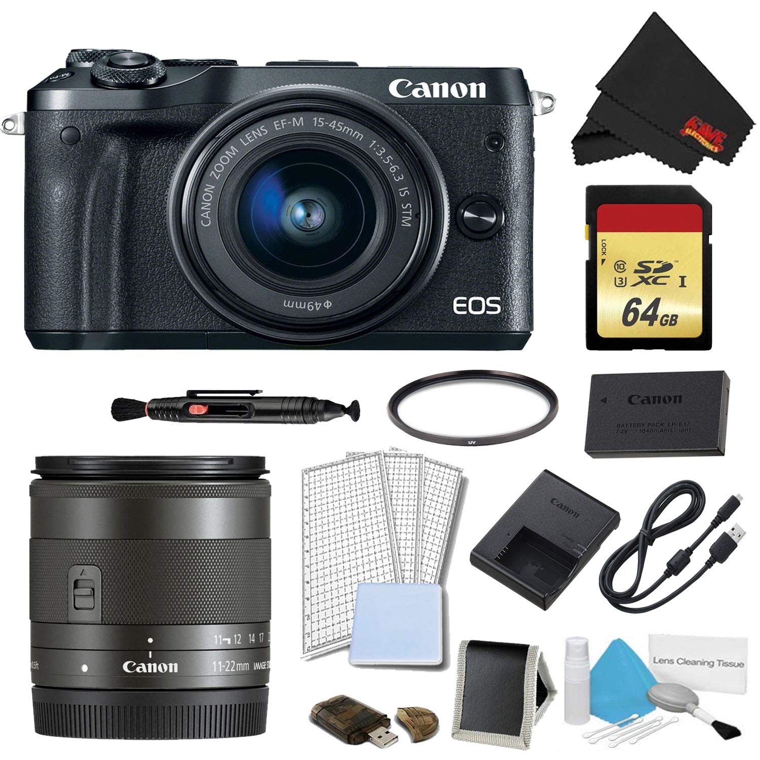 Canon EOS M6 Mirrorless Digital Camera with 15-45mm Lens Black Plus Bundle w/Bonus EF-M 11-22MM Lens - International M