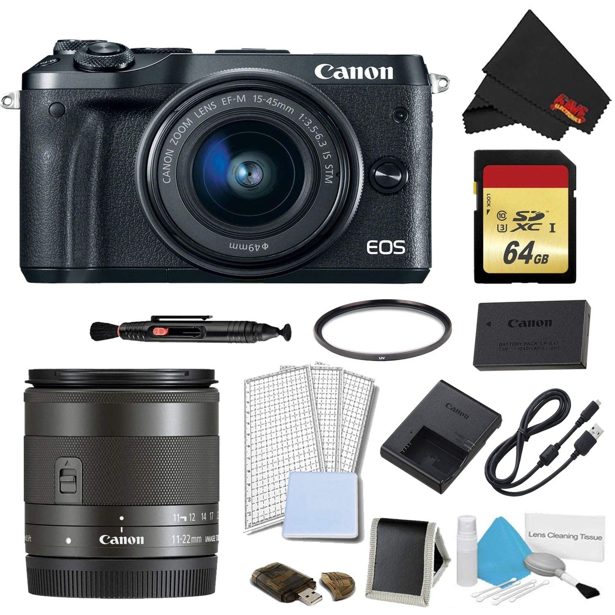 Canon EOS M6 Mirrorless Digital Camera with 15-45mm Lens Black Plus Bundle w/Bonus EF-M 11-22MM Lens - International M Canon