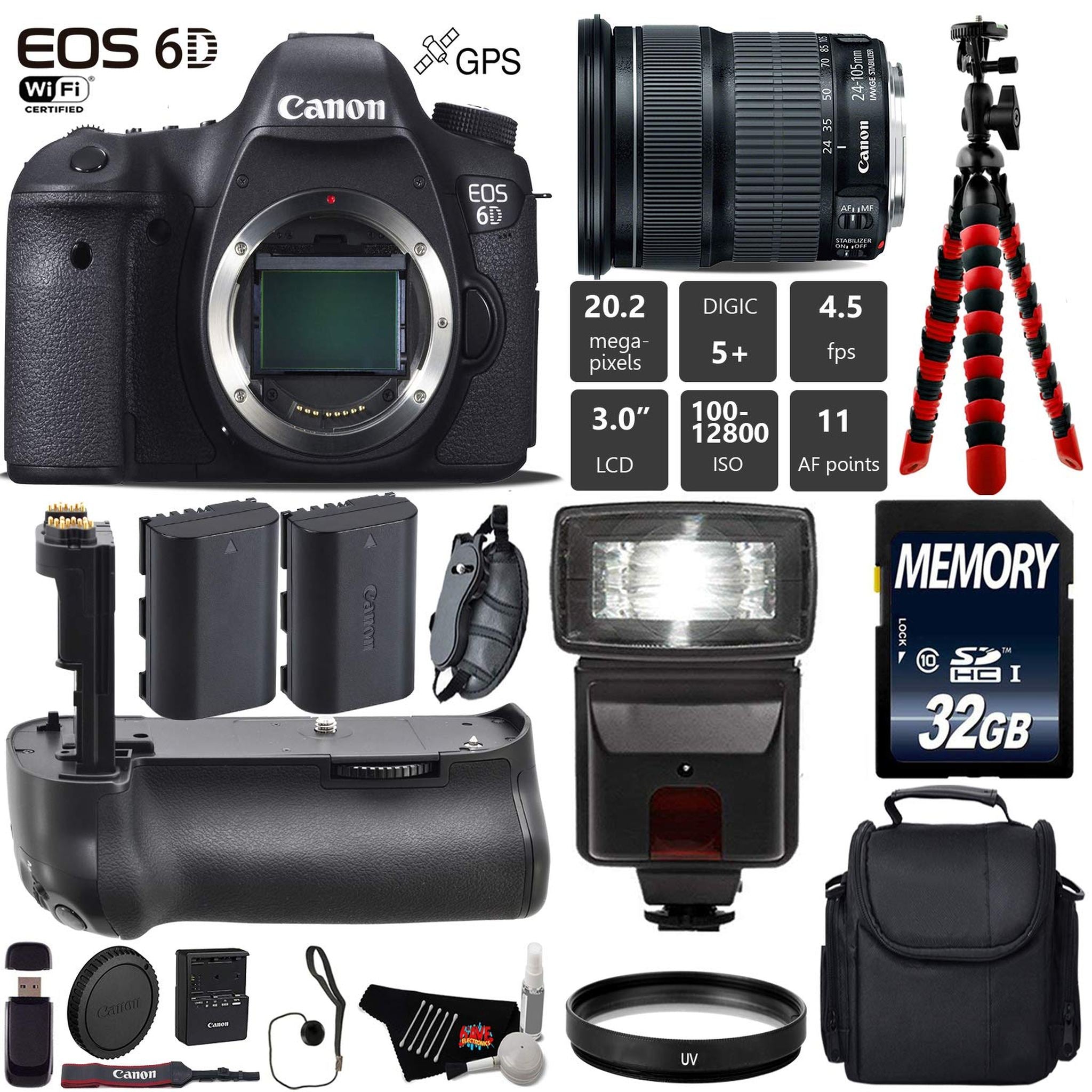 Canon EOS 6D DSLR Camera with 24-105mm is STM Lens + Professional Battery Grip + UV Protection Filter + Flash + Extra Ba Canon