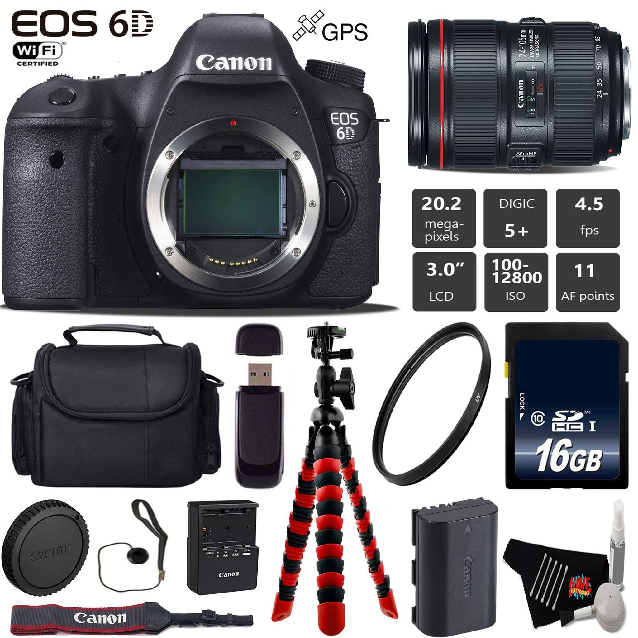 Canon EOS 6D DSLR Camera with 24-105mm f/4L II Lens + Wireless Remote + UV Protection Filter + Case + Wrist Strap + Trip