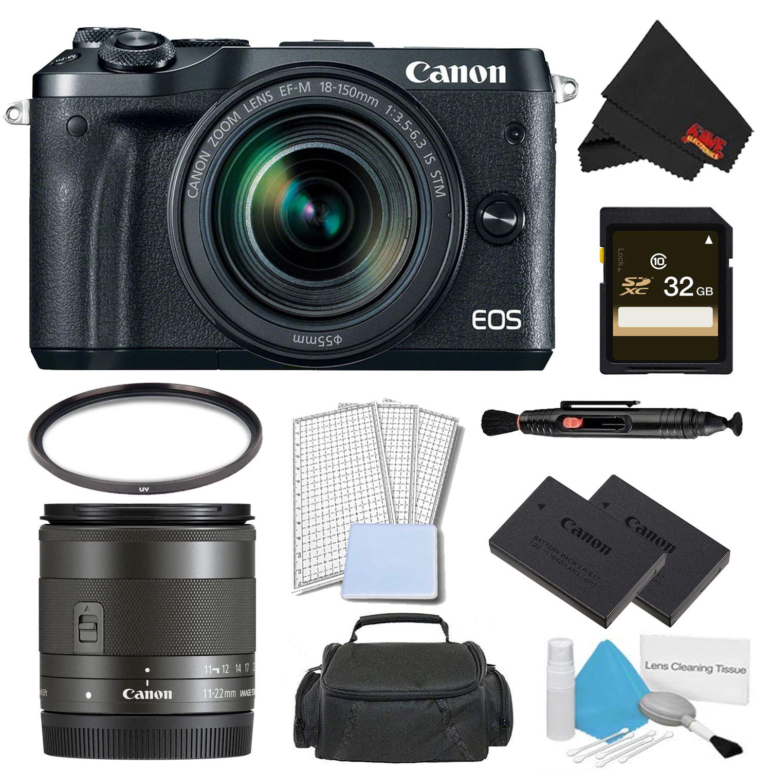 Canon EOS M6 Mirrorless Digital Camera with 18-150mm Lens Pro Bundle w/ 32GB Memory Card + Bonus EF-M 11-22MM Lens - Int