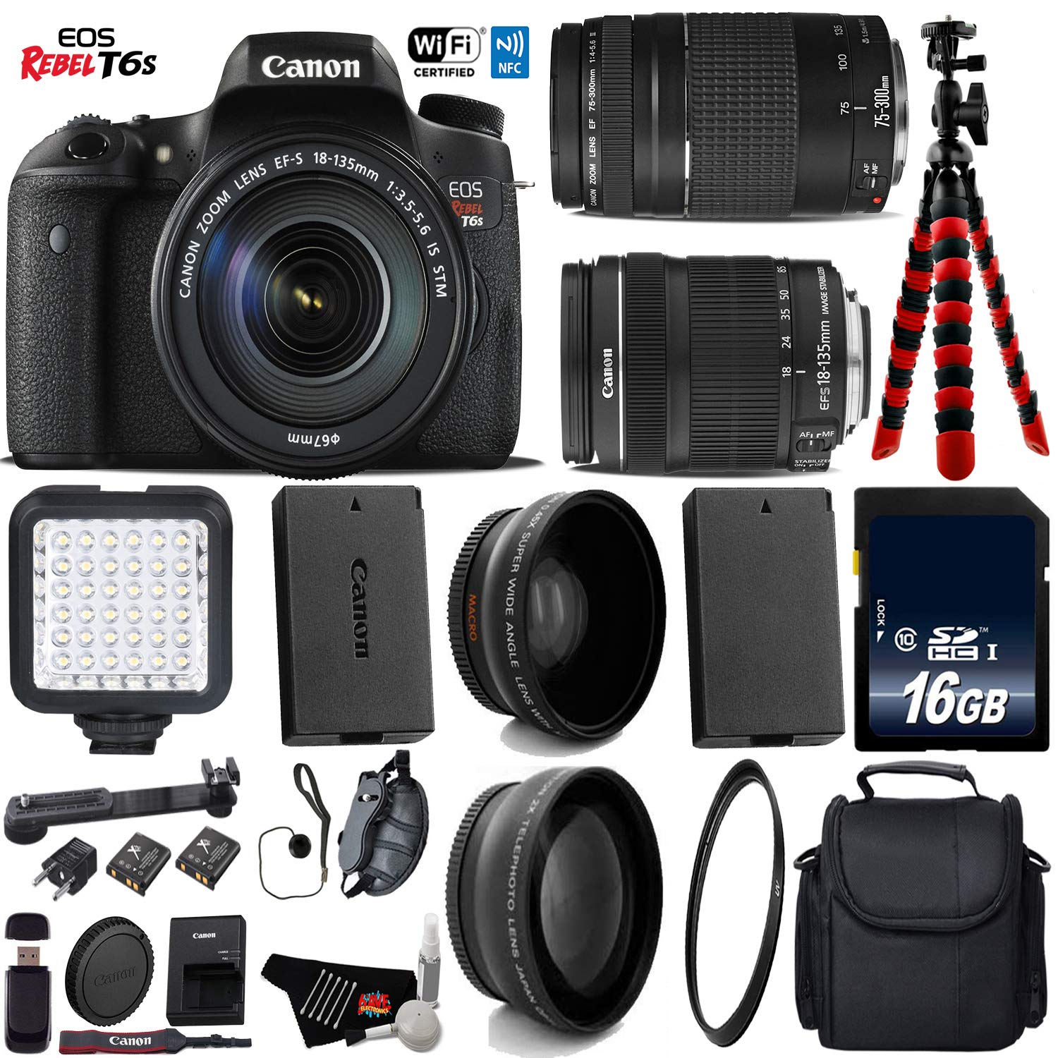 Canon EOS Rebel T6S DSLR Camera with 18-135mm is STM Lens & 75-300mm III Lens + LED + UV FLD CPL Filter Kit Advanced Bundle