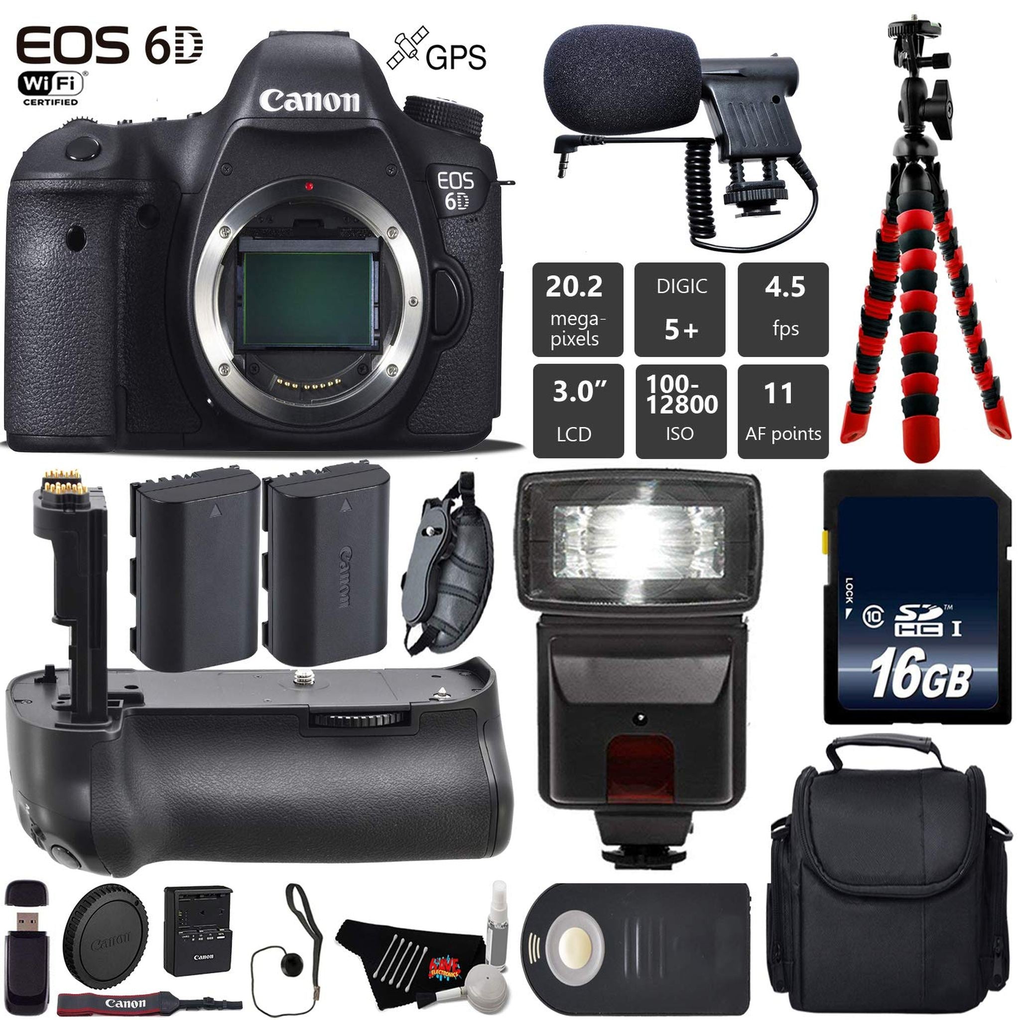Canon EOS 6D DSLR Camera Body Only + Professional Battery Grip + Condenser Microphone + Flash + Extra Battery + Case + Canon