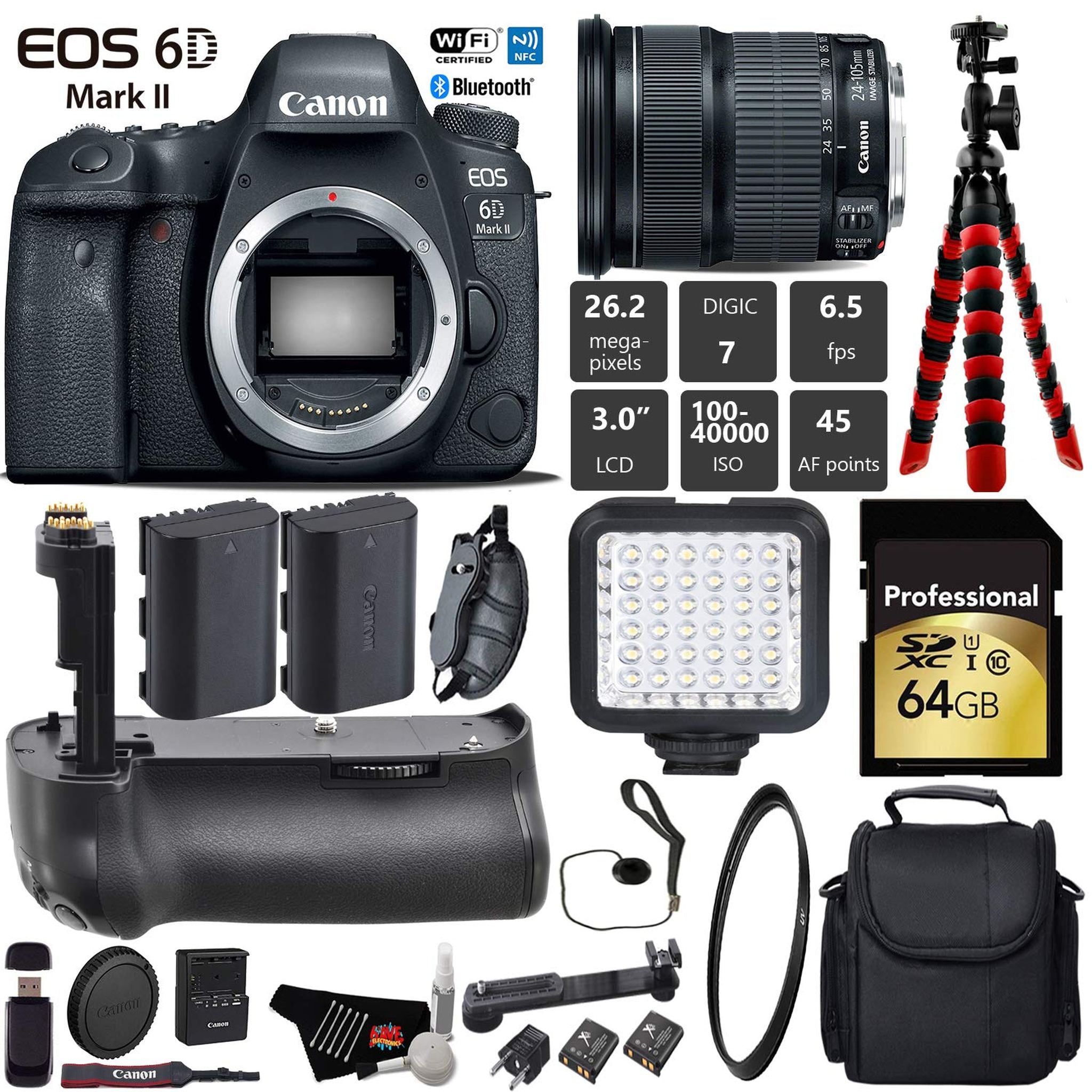 Canon EOS 6D Mark II DSLR Camera with 24-105mm is STM Lens + Professional Battery Grip + UV Protection Filter + LED Kit Canon