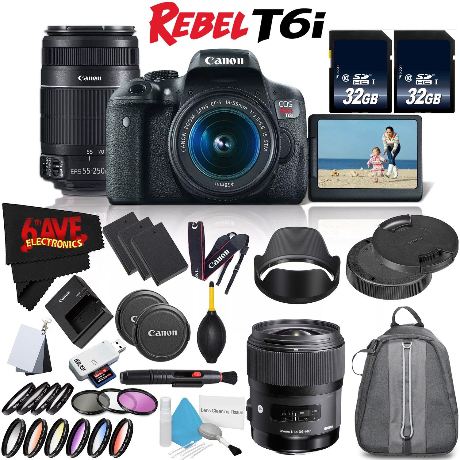 6Ave Canon EOS Rebel T6i DSLR Camera 18-55mm Lens, 55-250mm Lens Sigma 35mm Art - 3 Lens Combo International Model