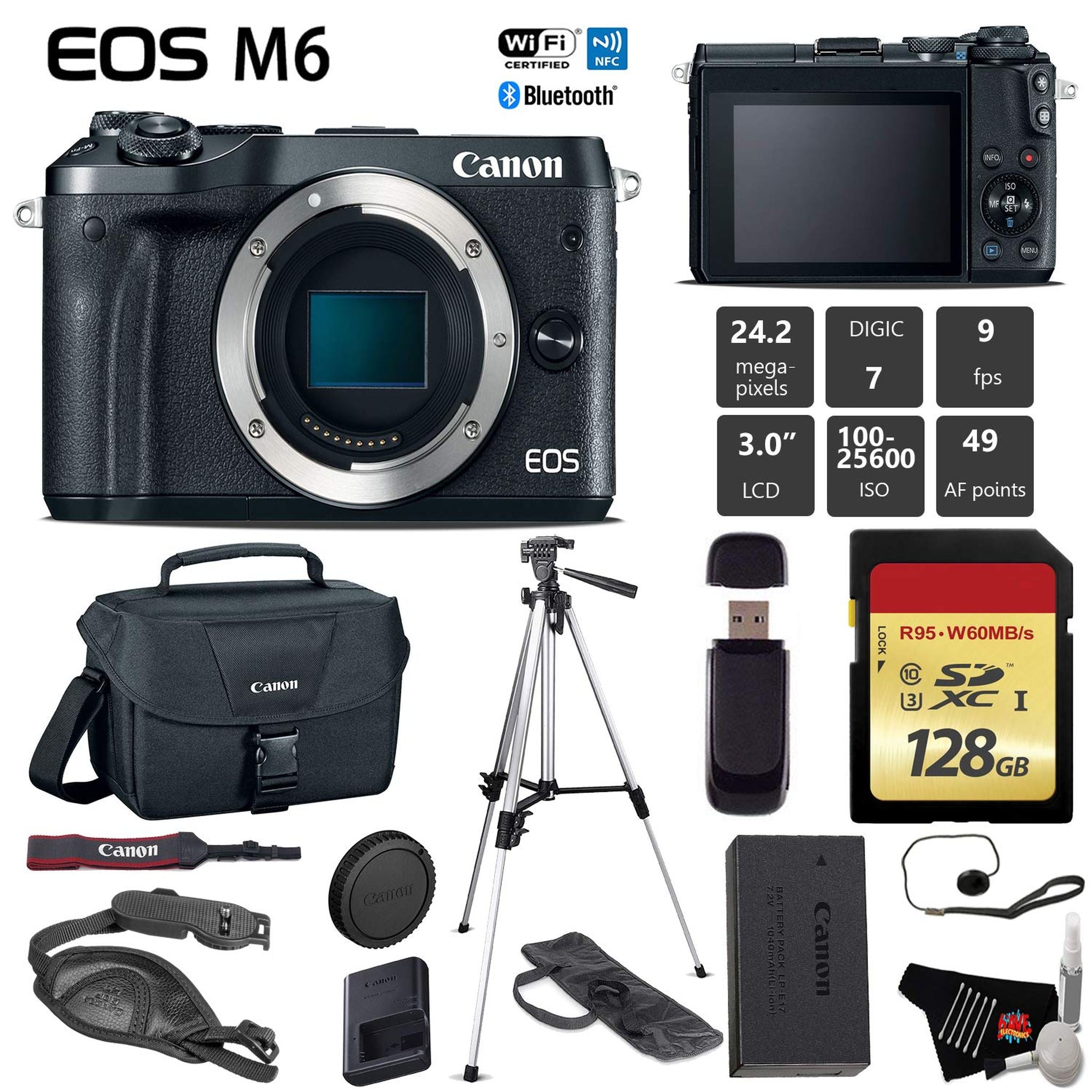Canon EOS M6 Mirrorless Digital Camera Black, Body Only + 128GB Class 10 Memory Card + Canon Camera Case + Full Size T Canon