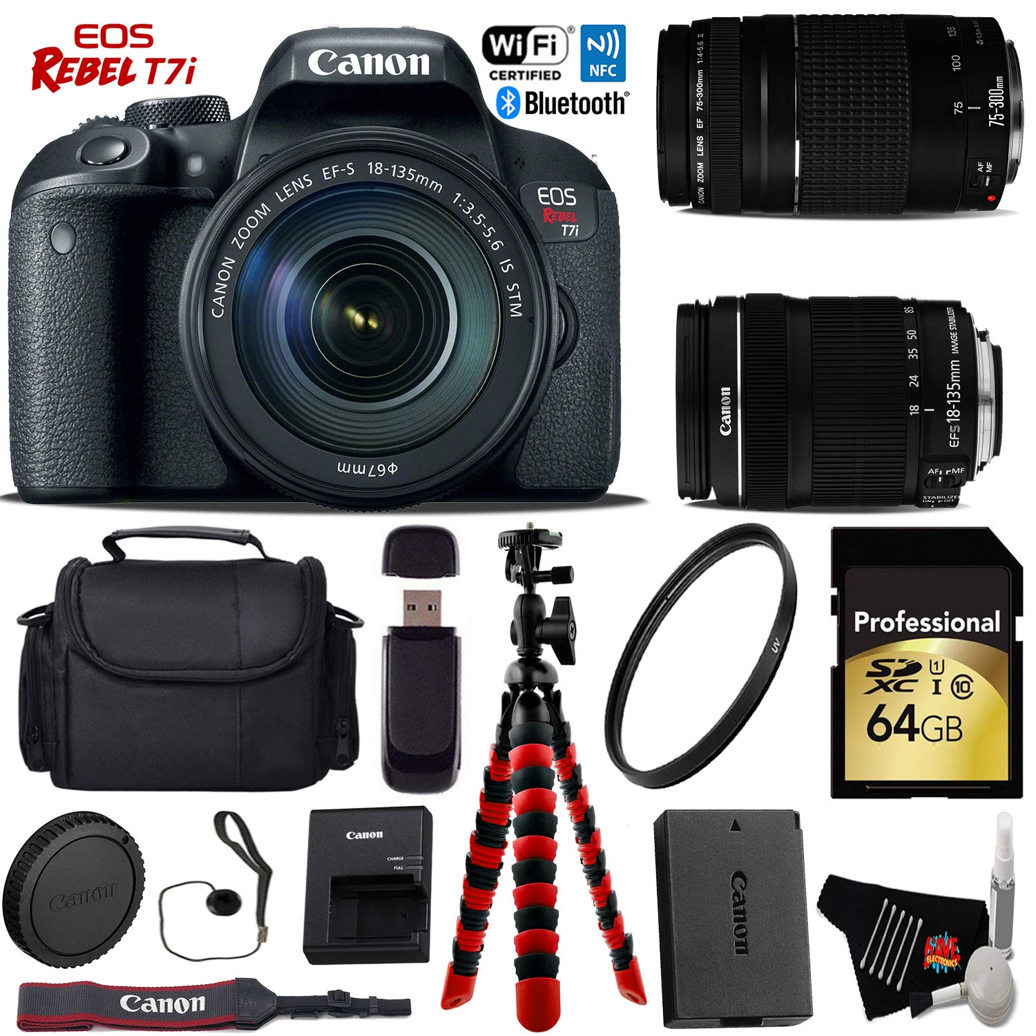 Canon EOS Rebel T7i DSLR Camera with 18-135mm is STM Lens & 75-300mm III Lens + Flexible Tripod + UV Protection Filter +