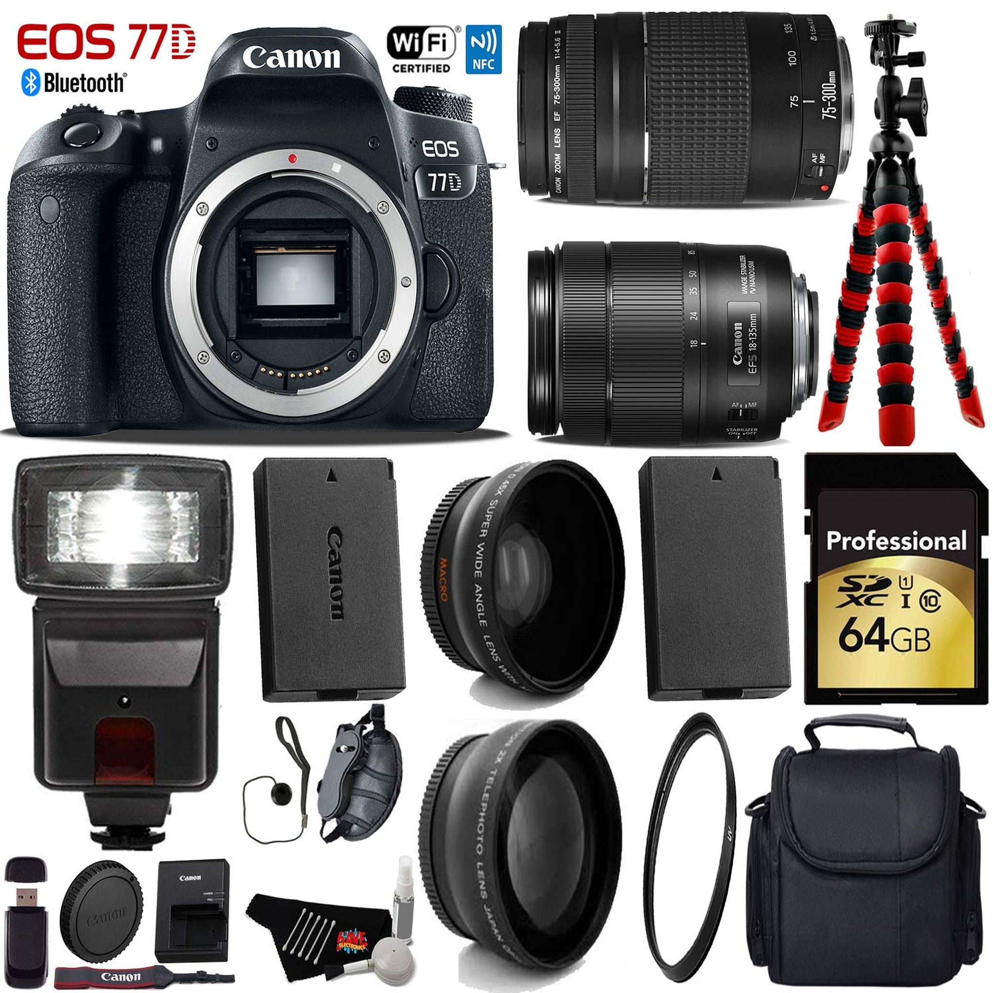 Canon EOS 77D DSLR Camera with 18-135mm is USM Lens & 75-300mm III Lens + Flash + UV FLD CPL Filter Kit + Wide Angle& Te Canon