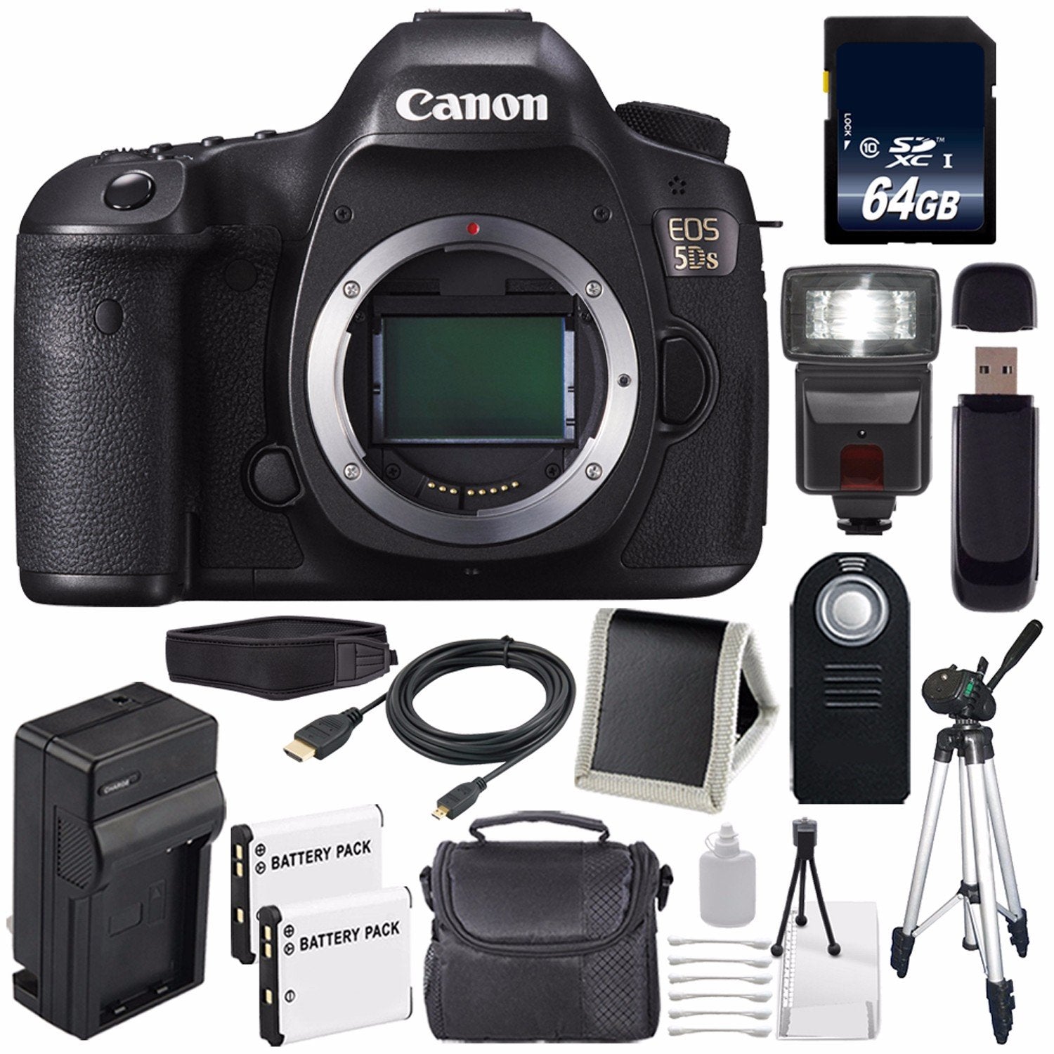 Canon EOS 5DS DSLR Camera (International Model) 0581C002 + LP-E6 Battery + 64GB Memory Card Base Bundle