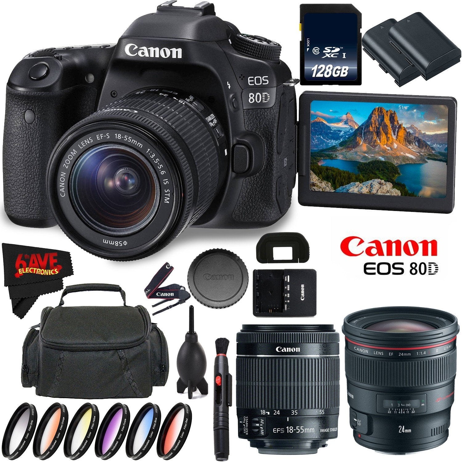 Canon EOS 80D DSLR Camera + 18-55mm Lens + Canon EF 24mm f/1.4L II USM Lens + 128GB Memory Card International Version