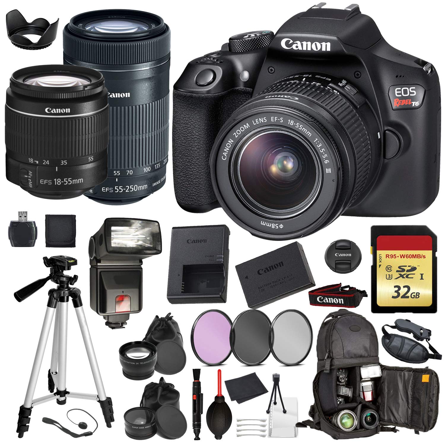 Canon EOS Rebel T6 Digital SLR Camera with EF-S 18-55mm + EF-S 55-250mm STM (Black) Professional Accessory Bundle Packag