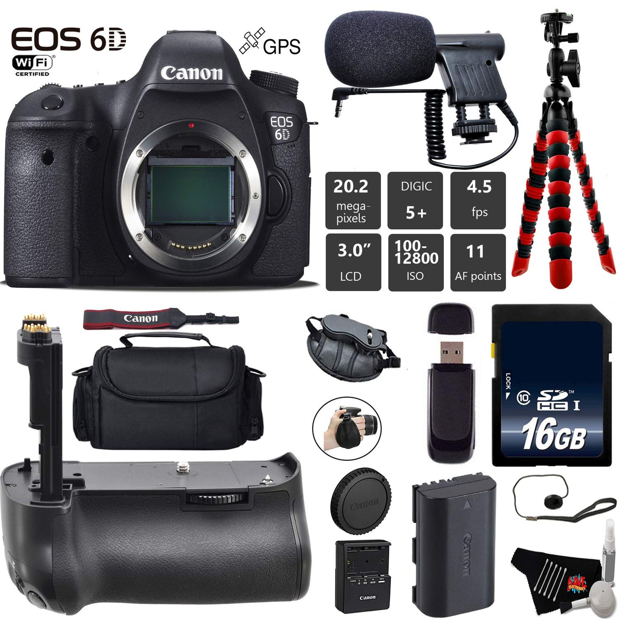 Canon EOS 6D DSLR Camera Body Only + Professional Battery Grip + Condenser Microphone + Case + Wrist Strap + Tripod + Canon