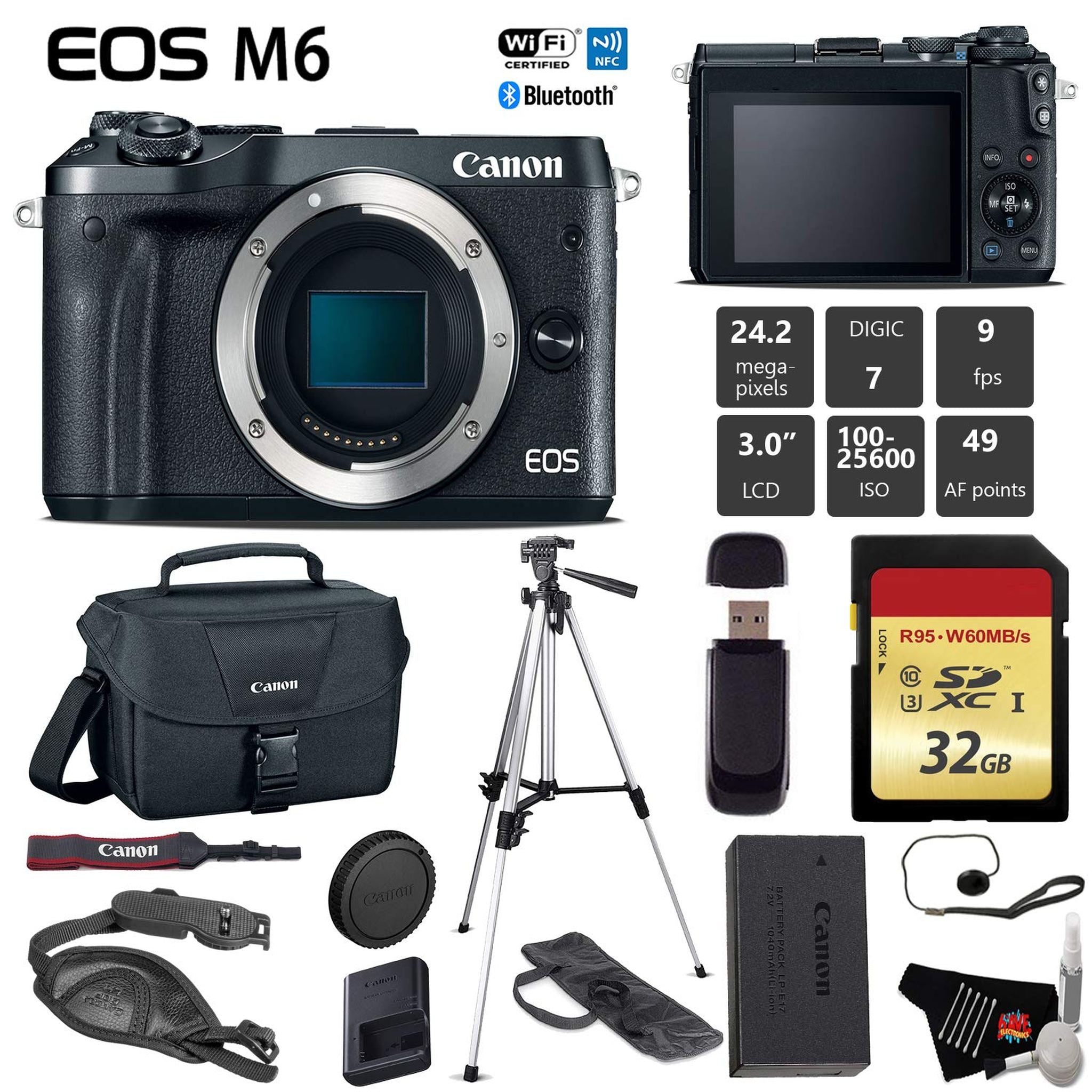 Canon EOS M6 Mirrorless Digital Camera Black, Body Only + 32GB Class 10 Memory Card + Canon Camera Case + Full Size Tr Canon