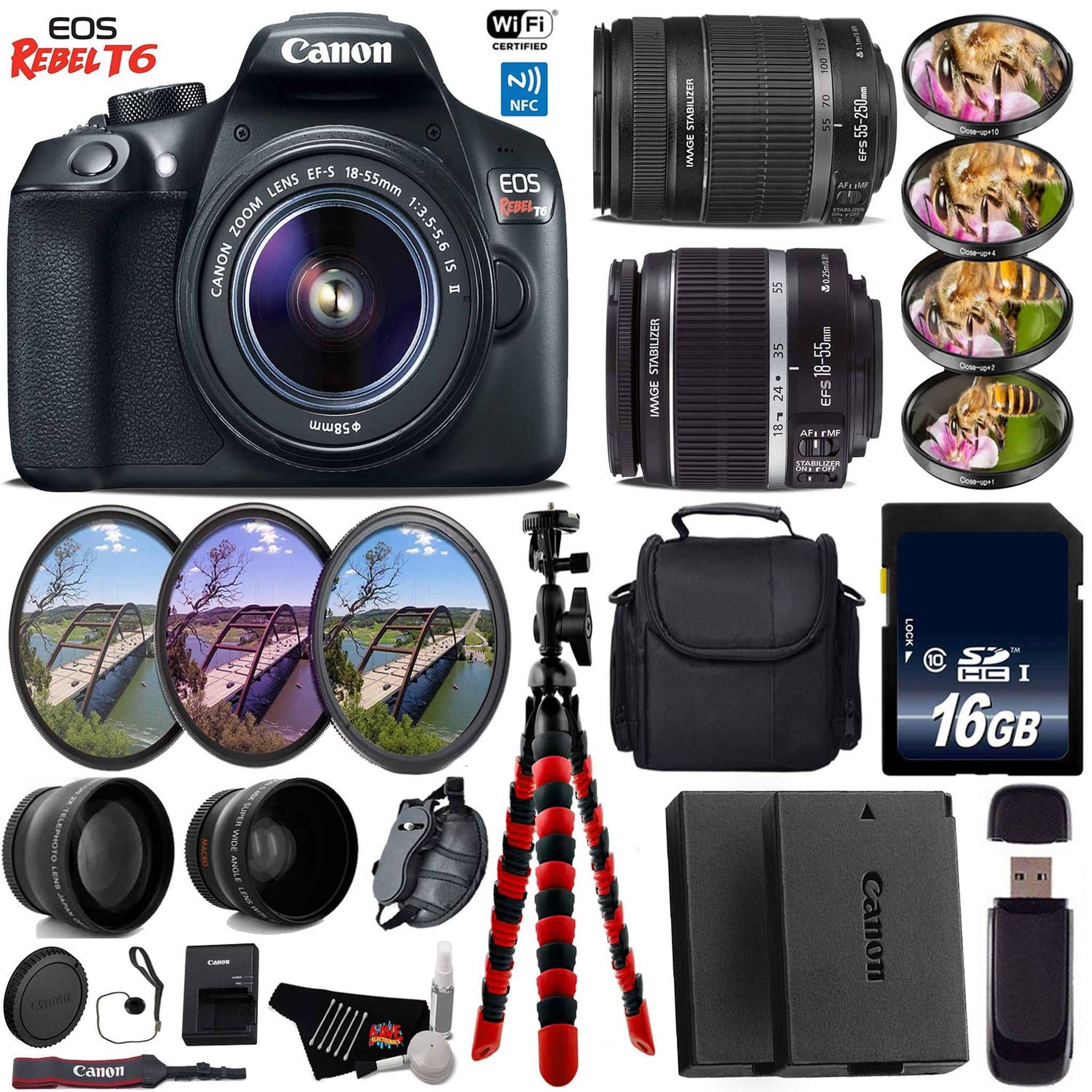 Canon EOS Rebel T6 DSLR Camera + 18-55mm is Lens & 55-250mm is II Lens + UV FLD CPL Filter Kit + 4 PC Macro Kit + Wide A Canon
