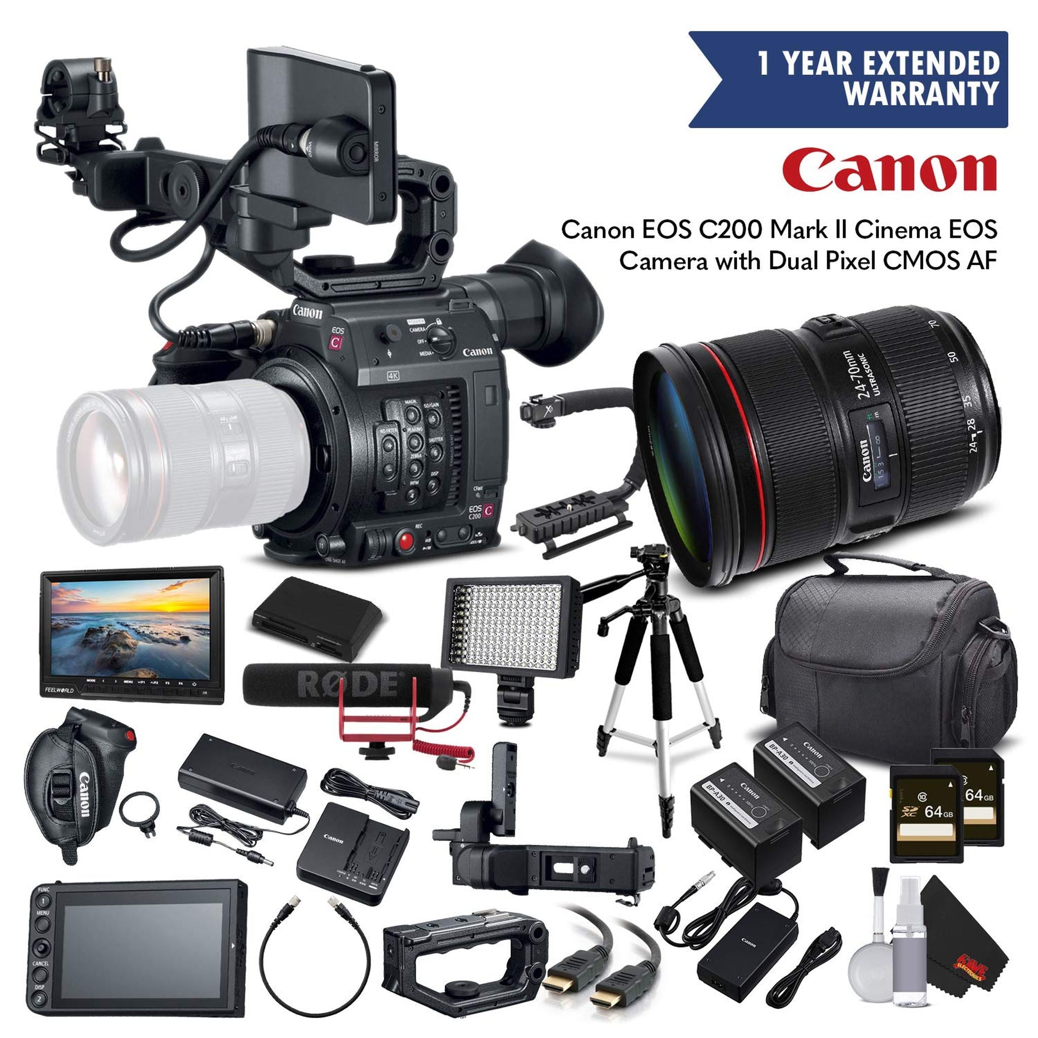 Canon EOS C200 Cinema Camera 2215C002 & 24-70mm f/2.8L II USM Lens with 2 Memory Cards, 2 Extra Batteries, Mic, Case, Le