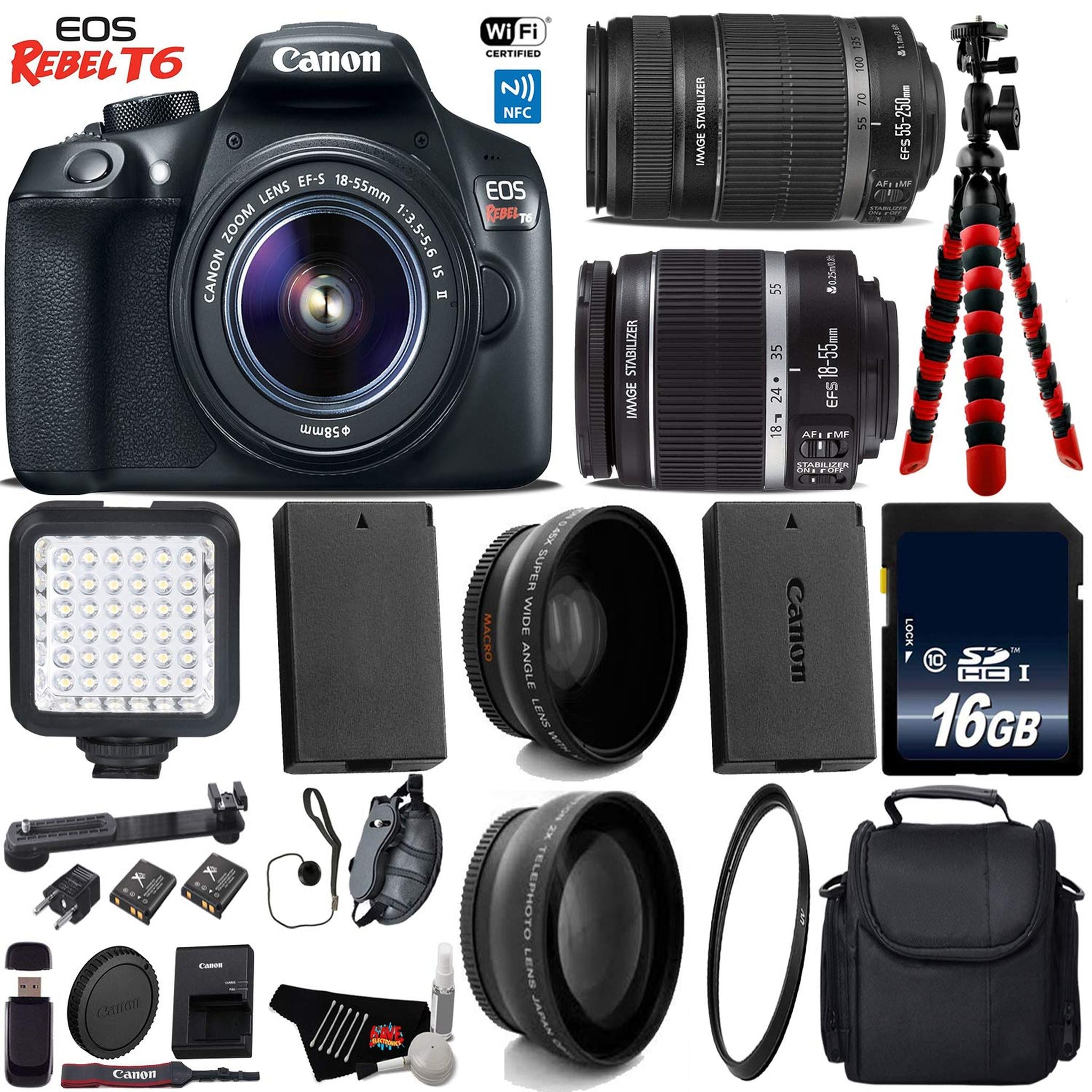 Canon EOS Rebel T6 DSLR Camera with 18-55mm is Lens & 55-250mm is II Lens + LED + UV FLD CPL Filter Kit + Wide Angle & T Canon