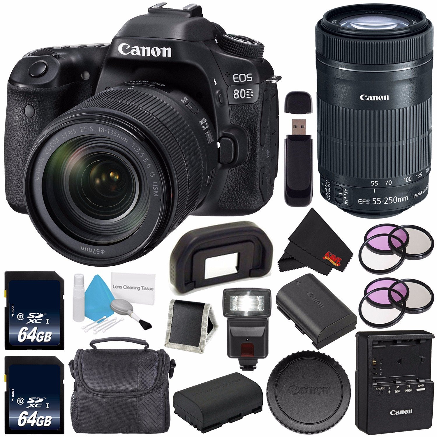 Canon EOS 80D DSLR Camera with 18-135mm Lens 1263C006 (International Version) + Canon EF-S 55-250mm Lens + 64GB SDXC Car