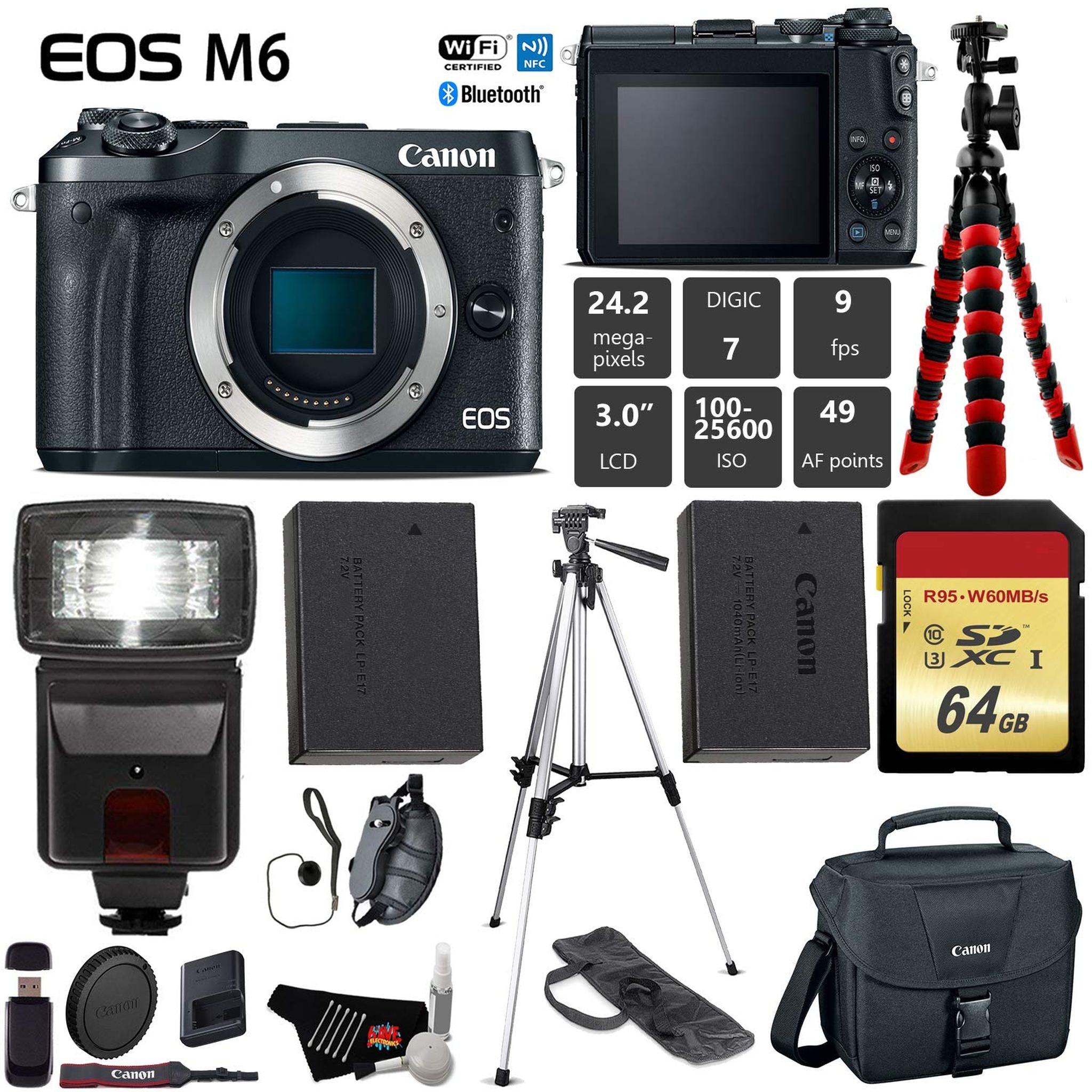 Canon EOS M6 Mirrorless Digital Camera Black, Body Only + 64GB Class 10 Memory Card + Flash + Canon Camera Case + Flex Canon