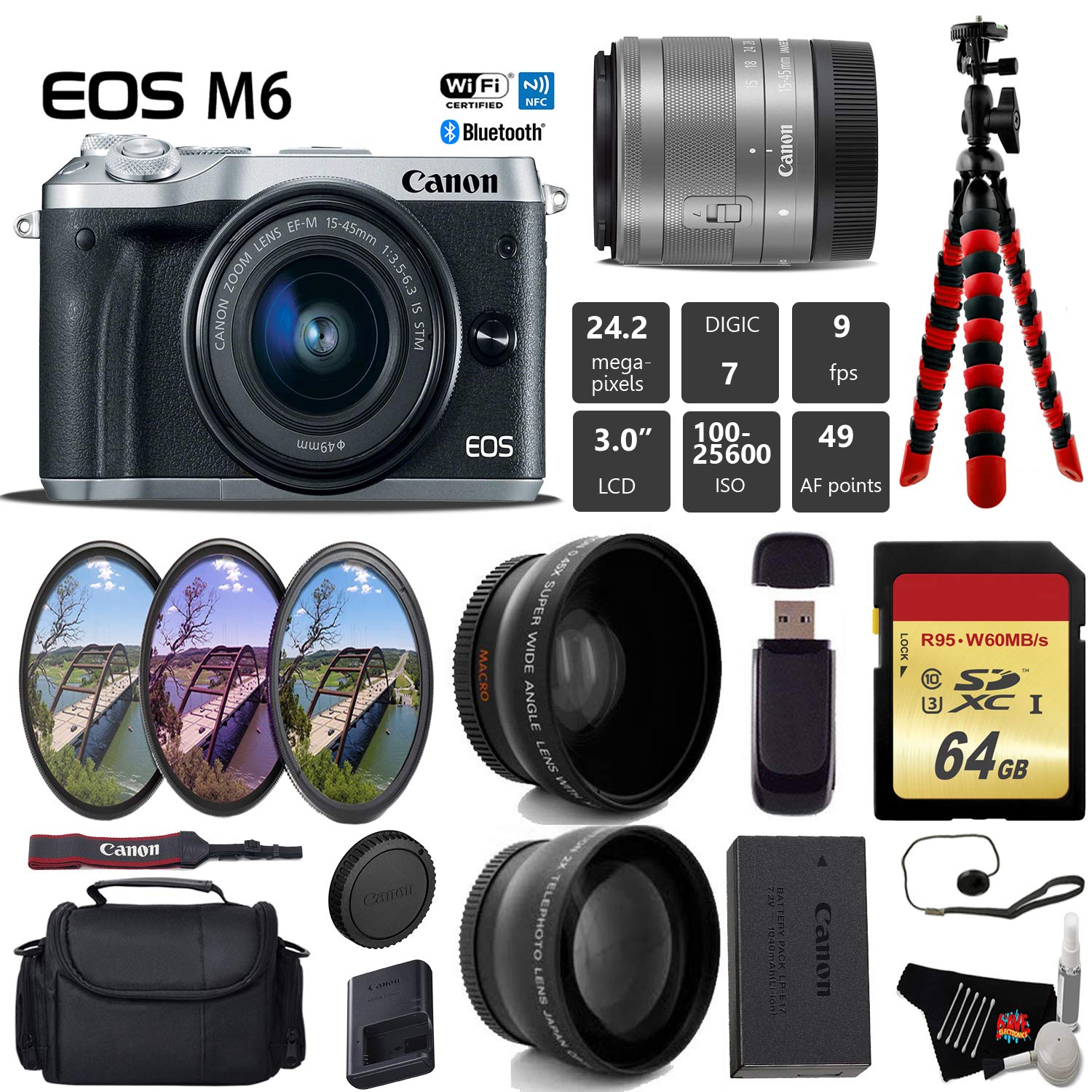 Canon EOS M6 Mirrorless Digital Camera (Silver) with EF-M 15-45mm is STM Lens + UV FLD CPL Filter Kit + Wide Angle & Tel