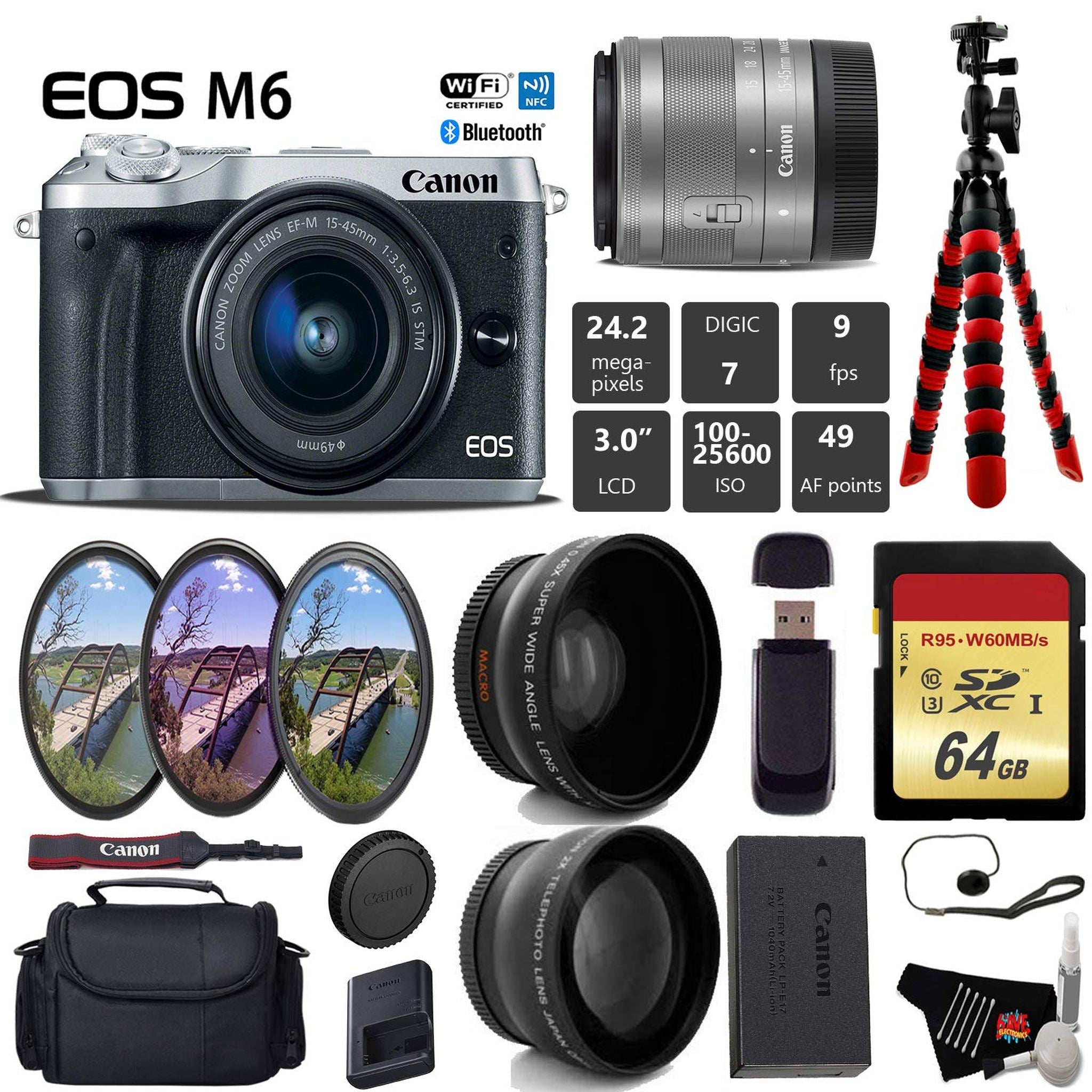 Canon EOS M6 Mirrorless Digital Camera Silver with EF-M 15-45mm is STM Lens + UV FLD CPL Filter Kit + Wide Angle & Tel Canon