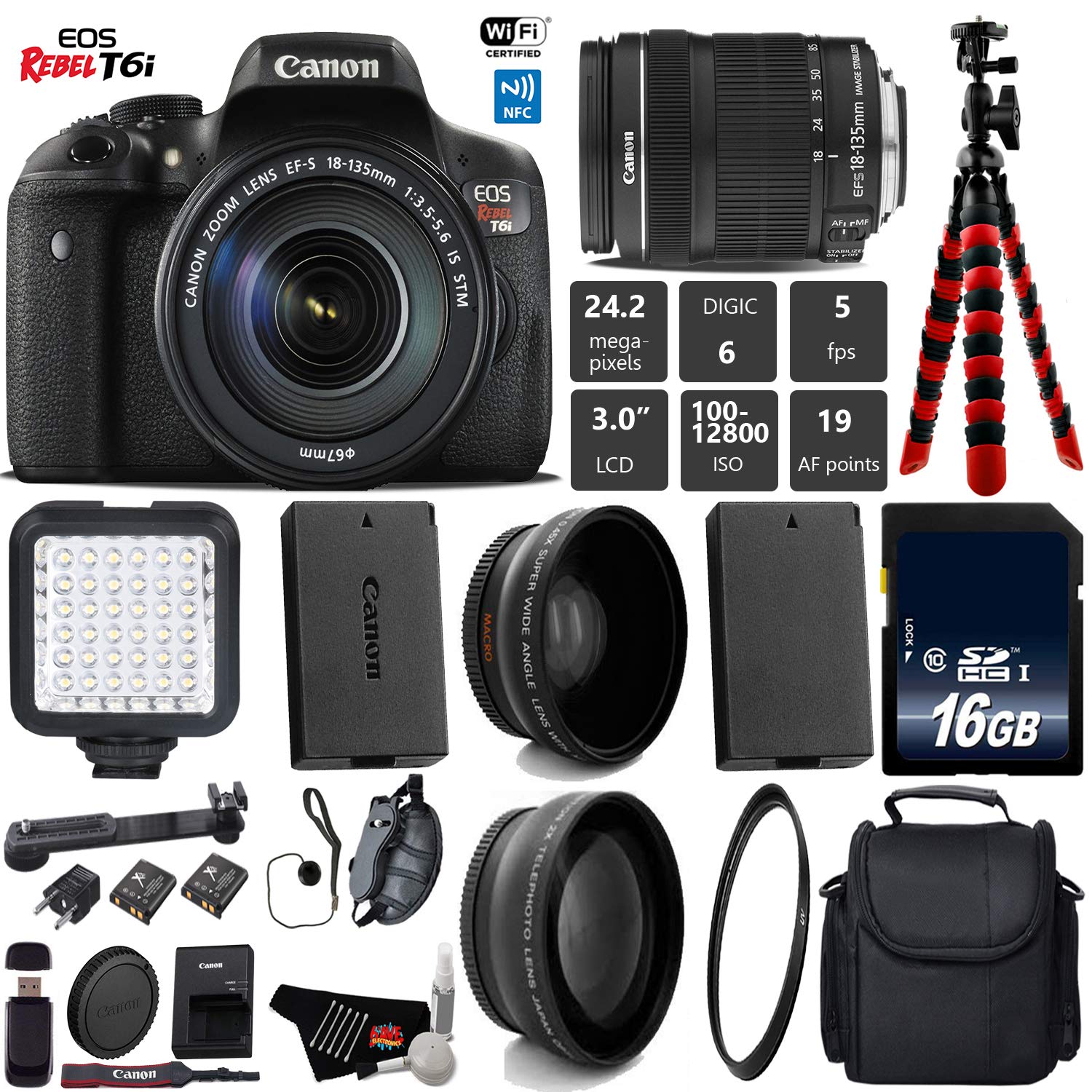 Canon EOS Rebel T6i DSLR Camera 18-135mm is STM Lens + LED + UV FLD CPL Filter Kit + Wide Angle & Telephoto Lens + Camer