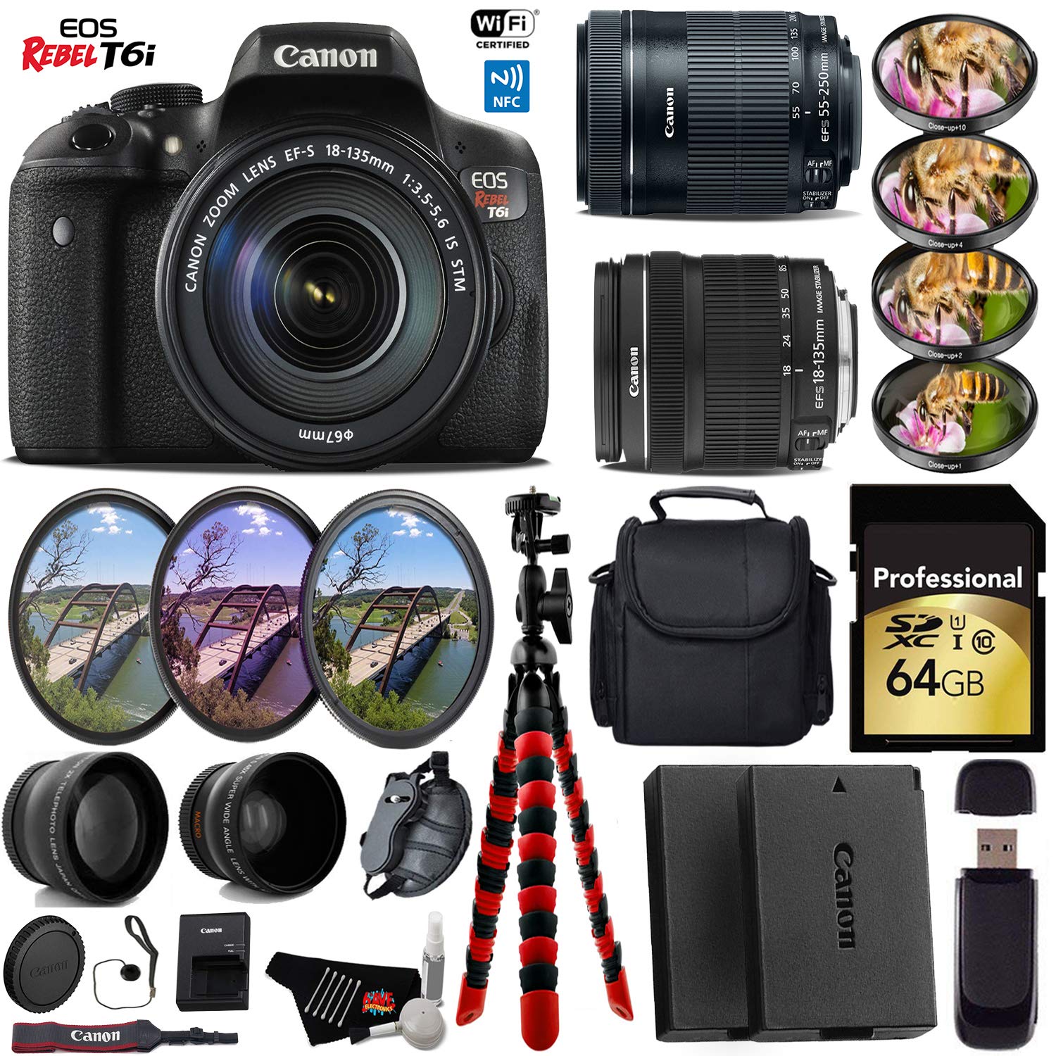 Canon EOS Rebel T6i DSLR Camera + 18-135mm STM Lens & 55-250mm is STM Lens + UV FLD CPL Filter Kit + 4 PC Macro Kit + Wi