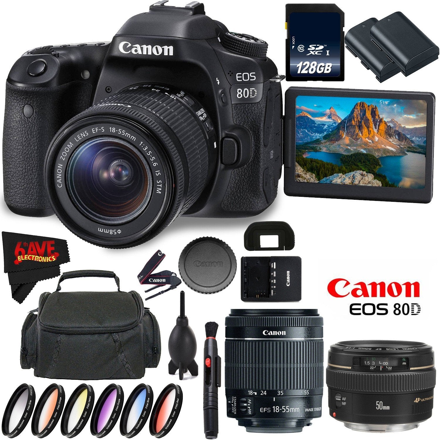 Canon EOS 80D DSLR Camera + 18-55mm Lens + Canon EF 50mm f/1.4 USM Lens + 128GB Memory Card International Version
