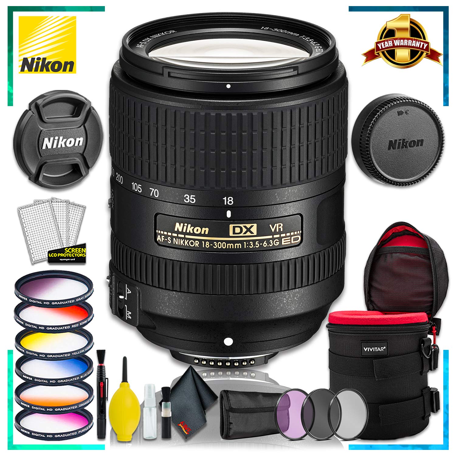 Nikon AF-S DX VR Nikkor 18-300MM Lens (Intl Model) + 4.5 inch Vivitar Premium Lens Case + Vivitar Graduated Color Filter Set + 3pcs UV Lens Filter