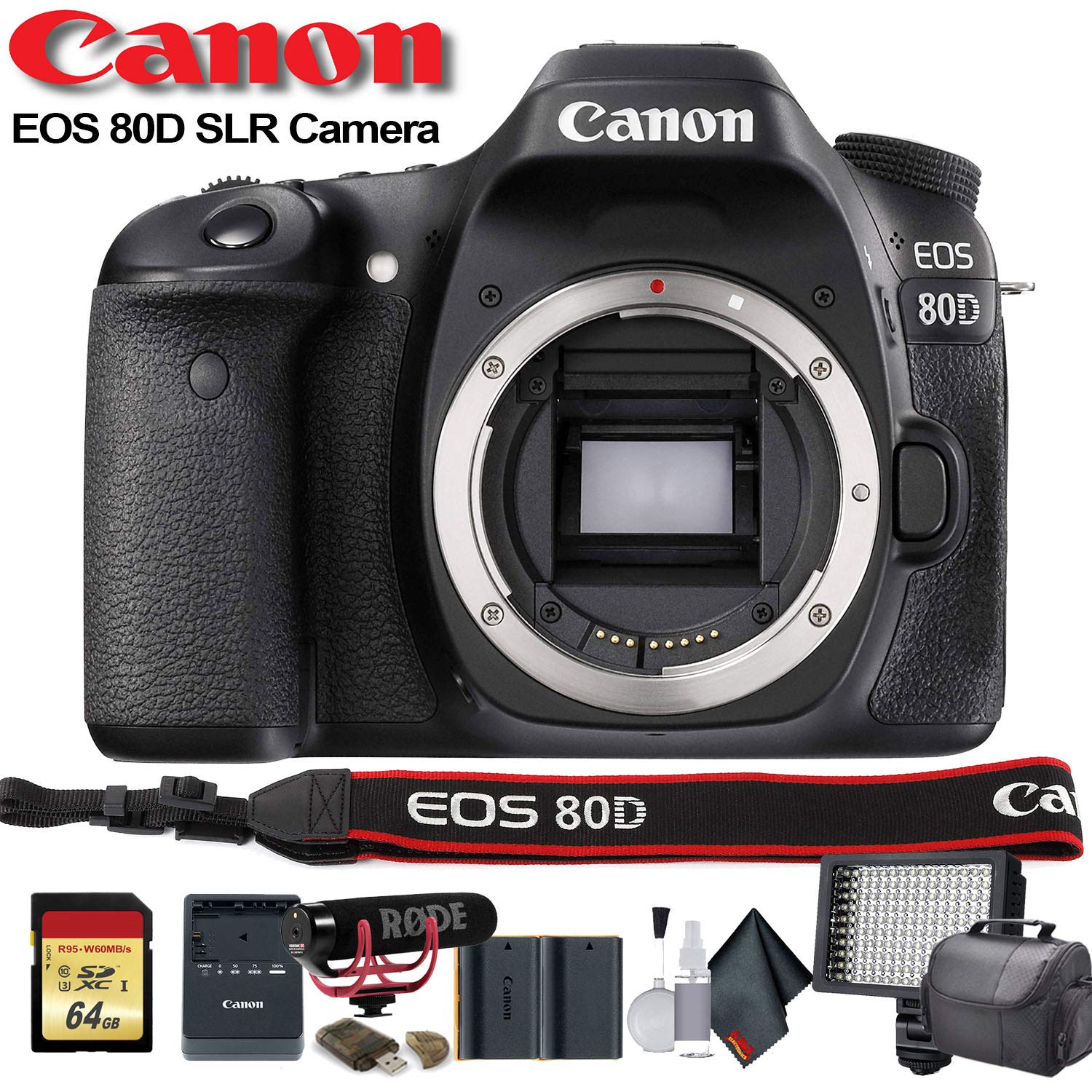 Canon EOS 80D DSLR Camera (1263C004) W/Bag, Extra Battery, LED Light, Mic, Filters and More - Advanced Bundle