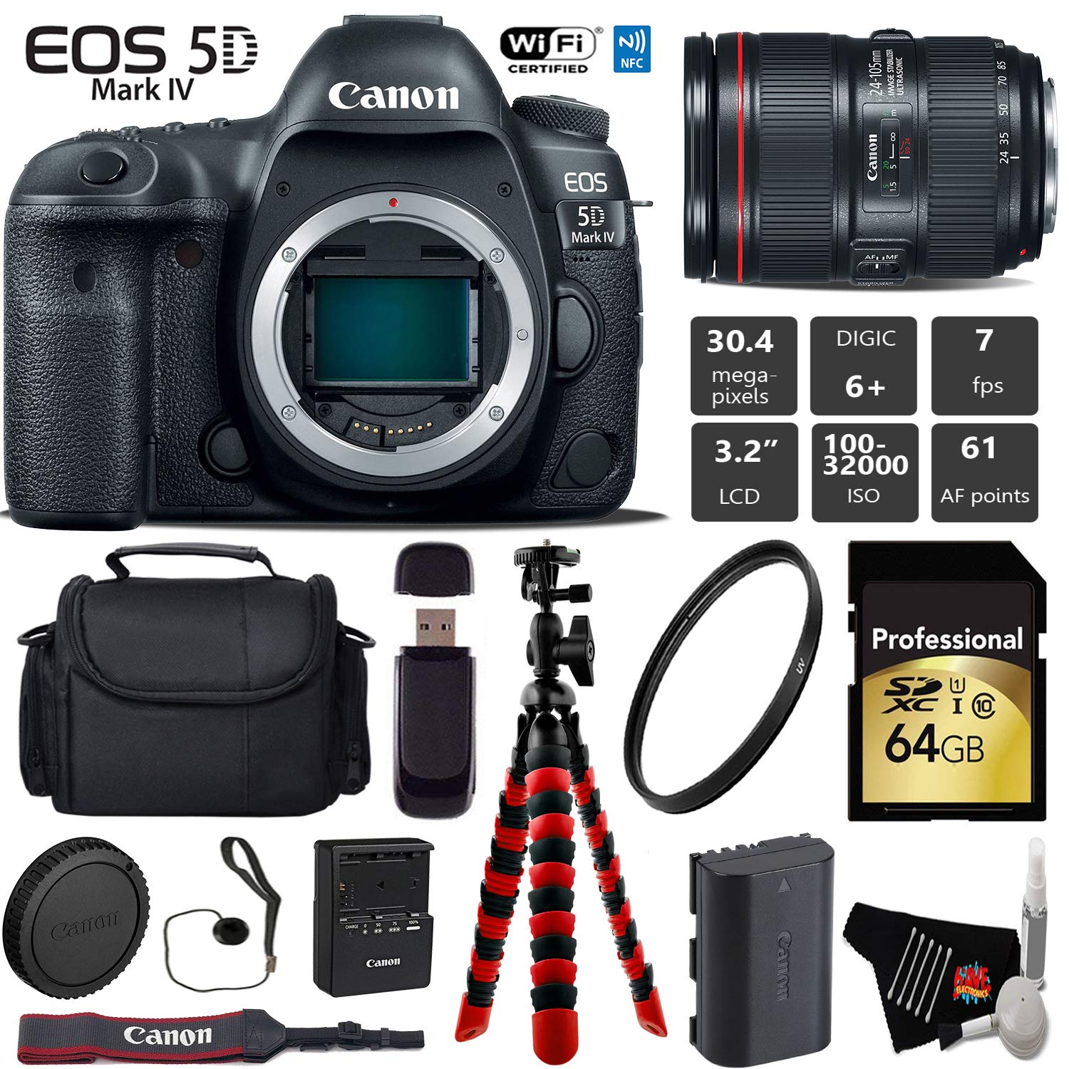Canon EOS 5D Mark IV DSLR Camera with 24-105mm f/4L II Lens + Wireless Remote + UV Protection Filter + Case Pro Bundle