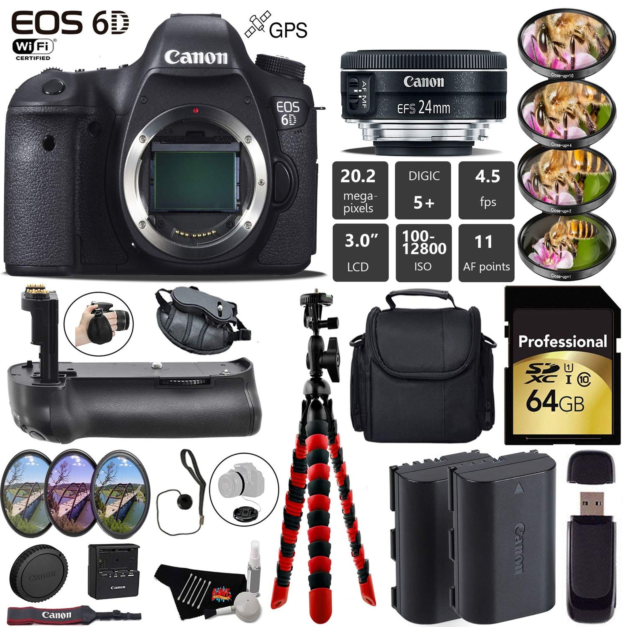 Canon EOS 6D DSLR Camera with 24mm f/2.8 STM Lens + Professional Battery Grip + 4PC Macro Filter Kit + LED Kit + Extra B Canon