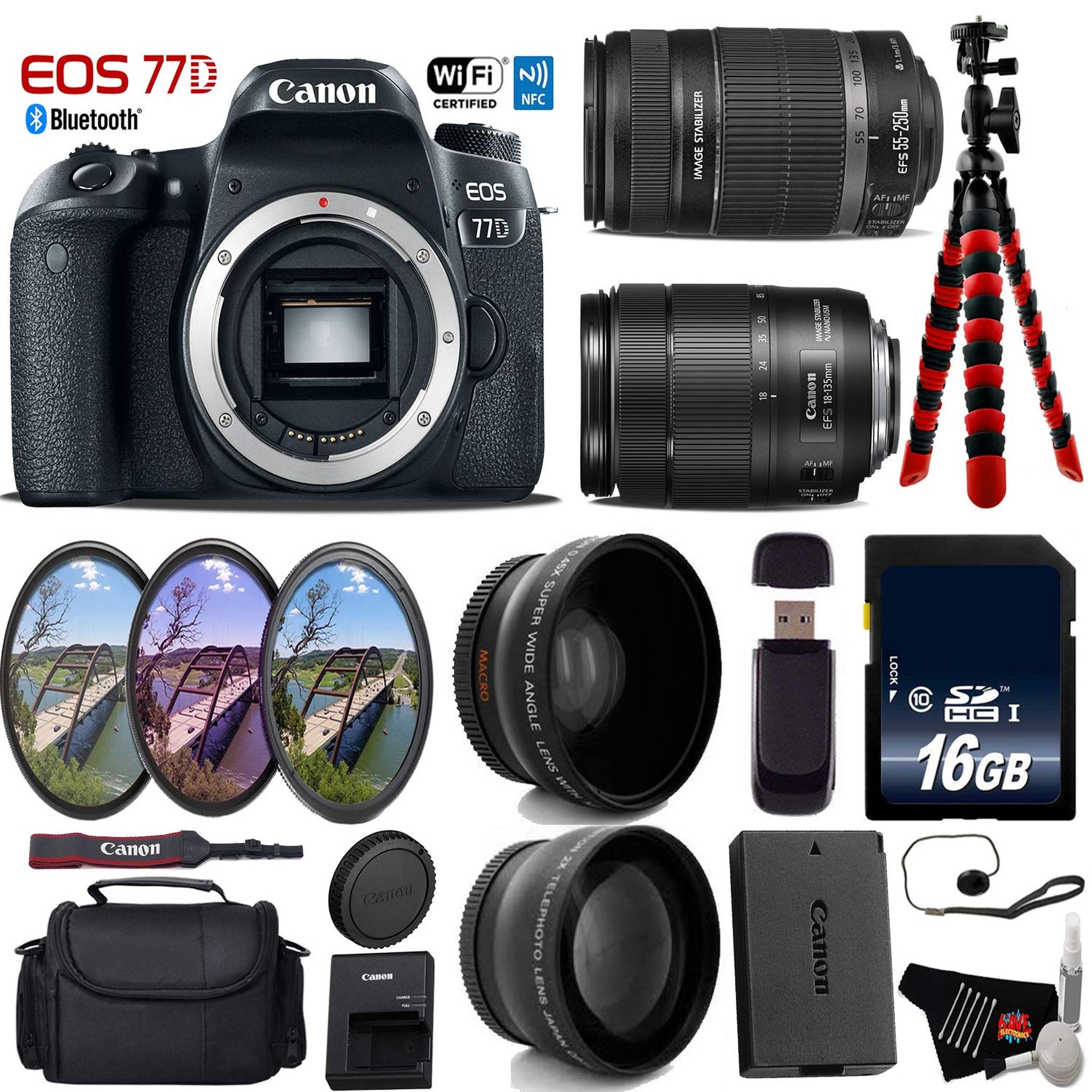 Canon EOS 77D DSLR Camera with 18-135mm is STM Lens & 55-250mm is II Lens + UV FLD CPL Filter Kit + Wide Angle & Telepho Canon